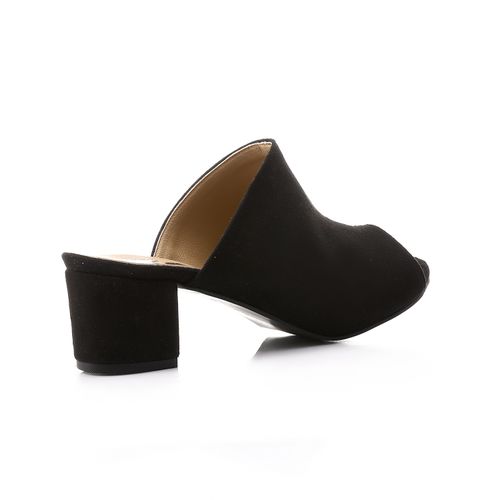 Faux Leather Peep-Toe Block Heel Mules - Black