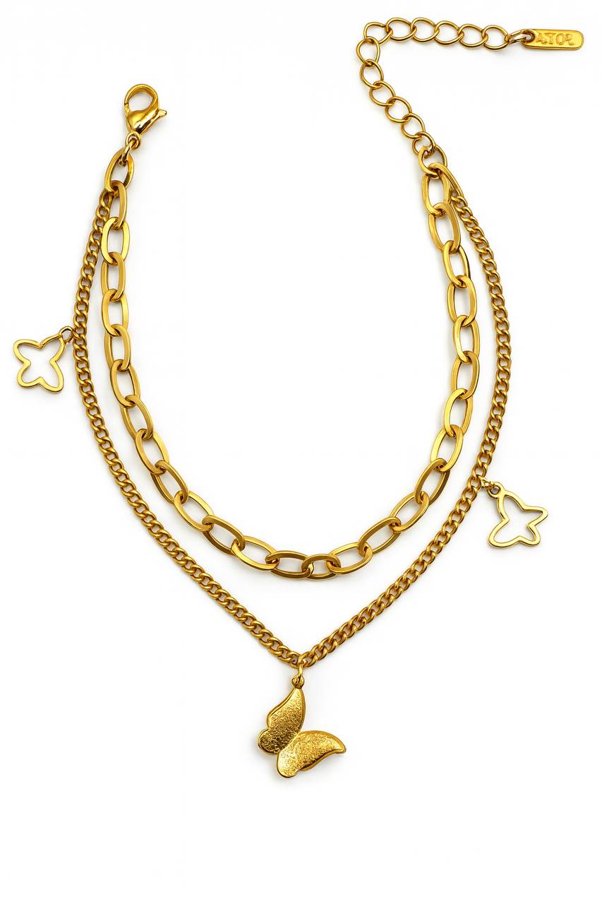 Stainless Steel Double Layer Butterfly Charm Bracelet – Gold