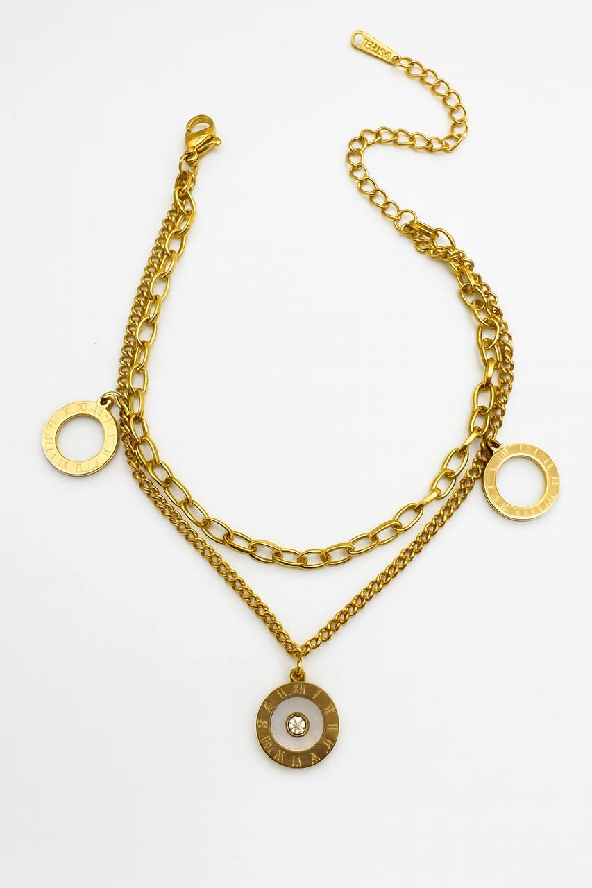 Stainless Steel Layered Roman Numeral Crystal Charm Bracelet – Gold