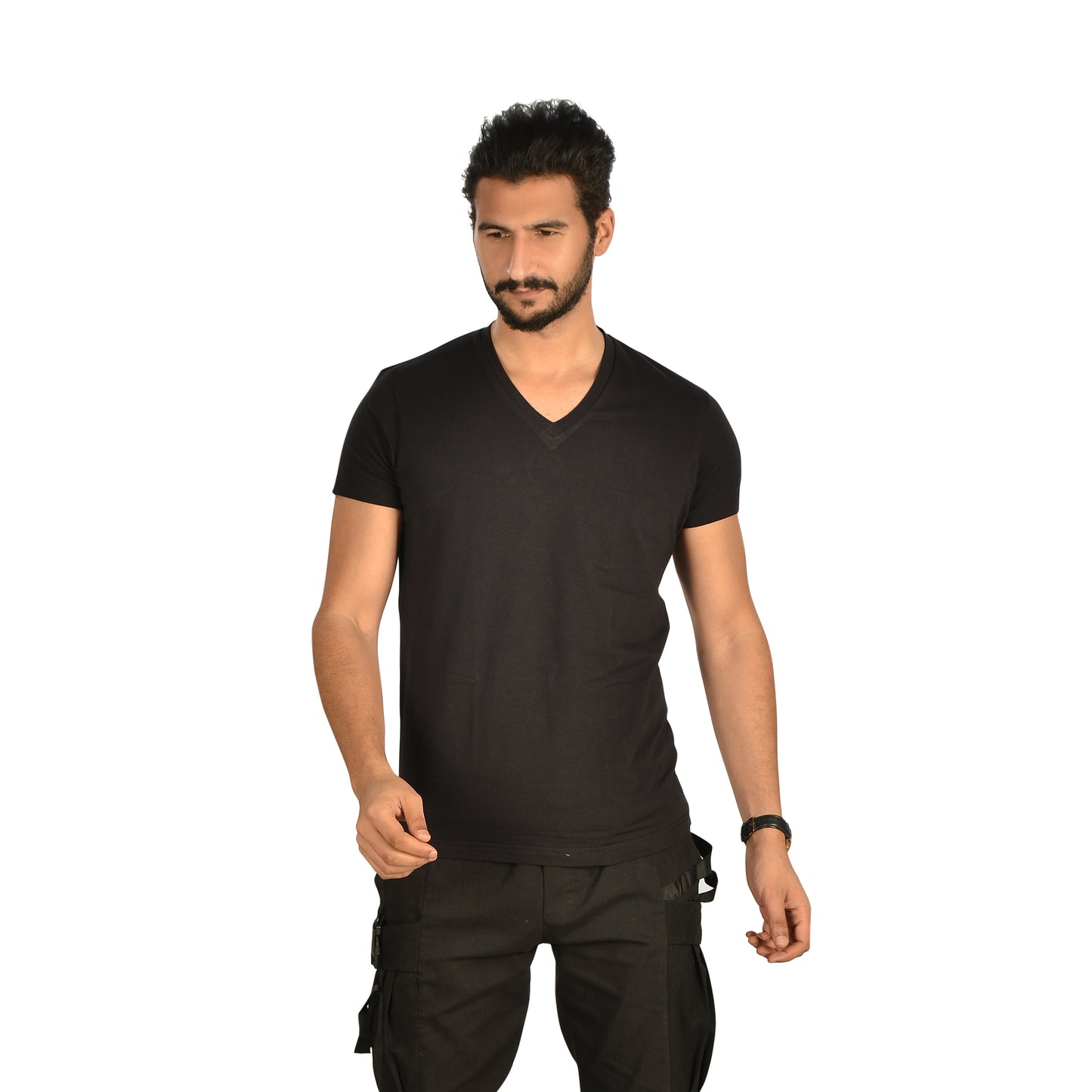Cotton Lycra Solid V-Neck Short Sleeve T-Shirt – Black