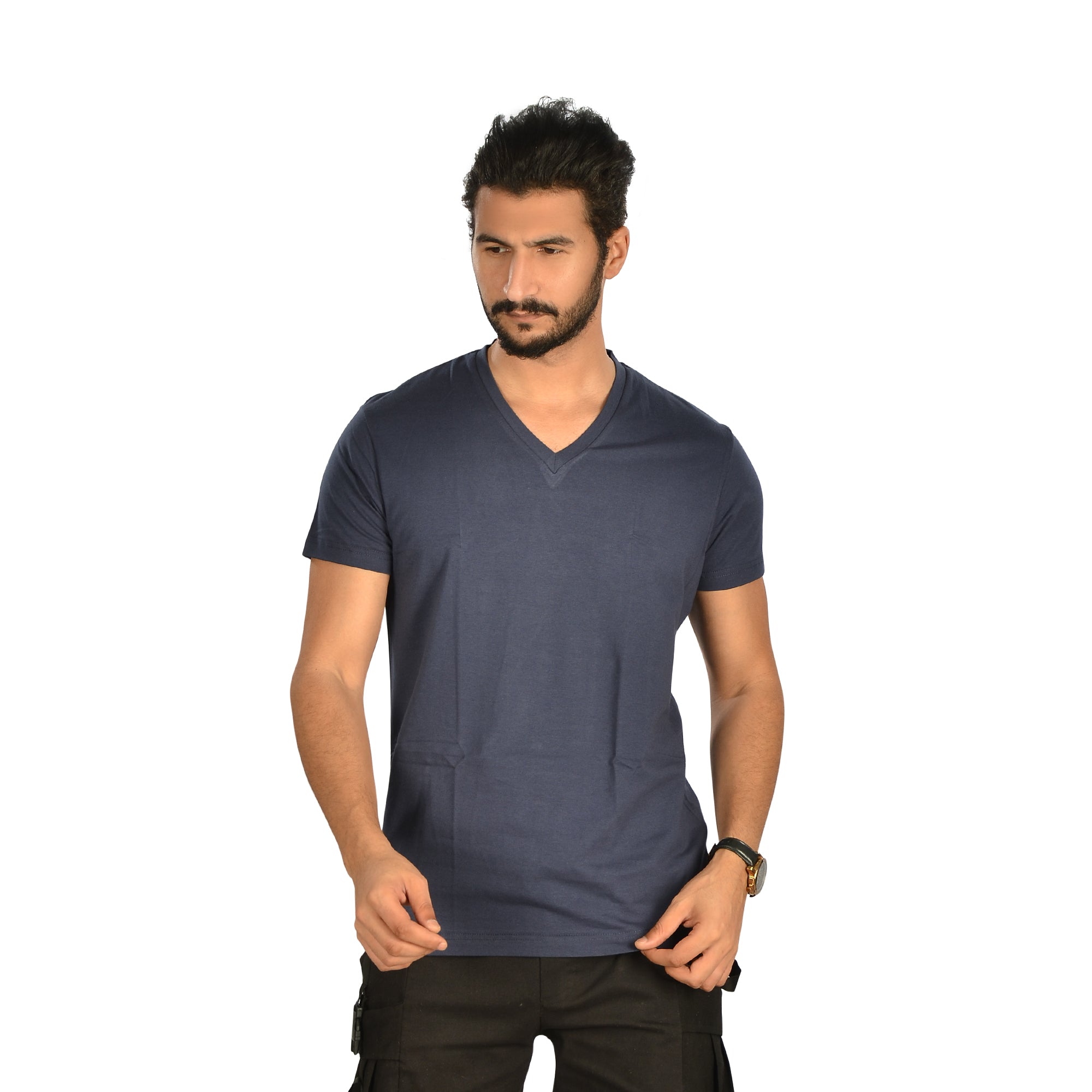 Cotton Lycra Solid V-Neck Short Sleeve T-Shirt – Navy