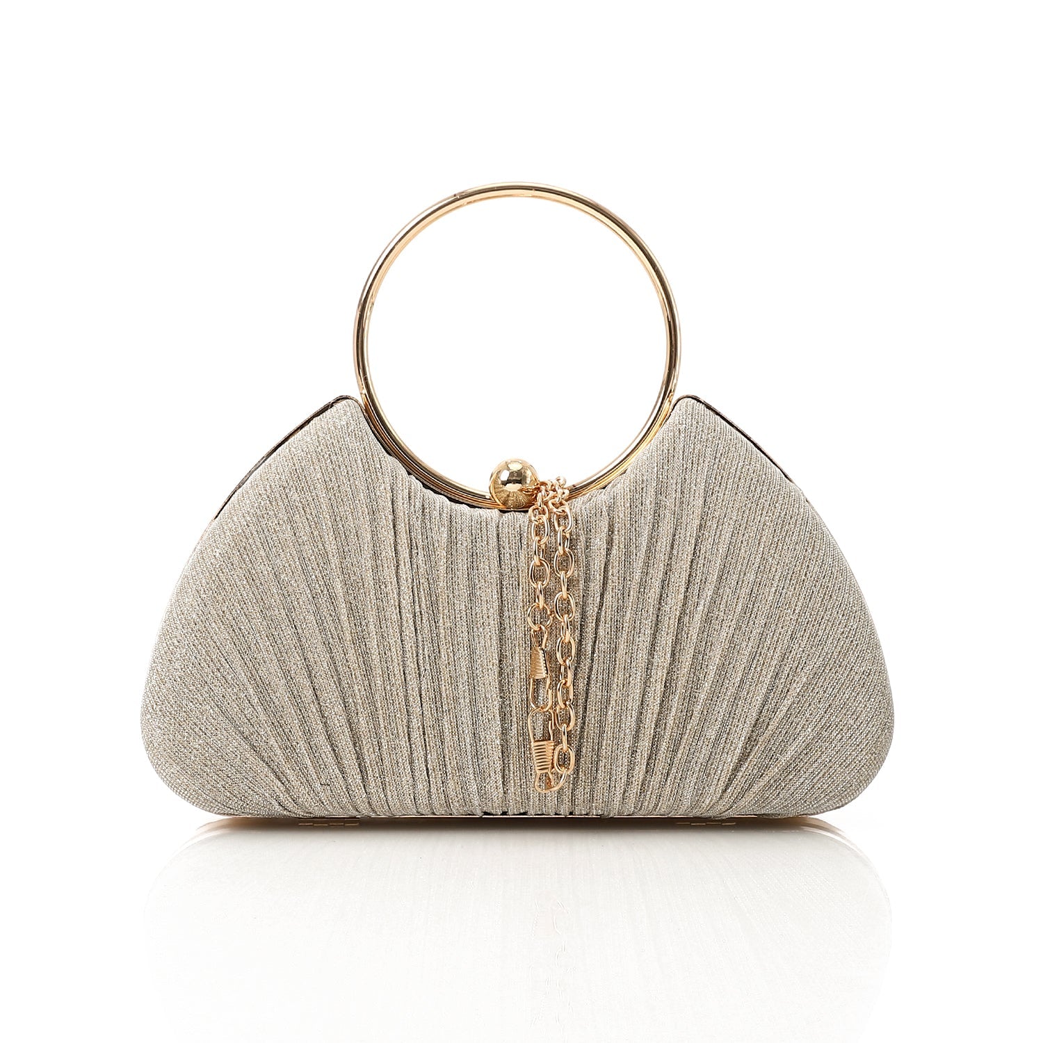 Pleated Ring Handle Evening Clutch – Champagne