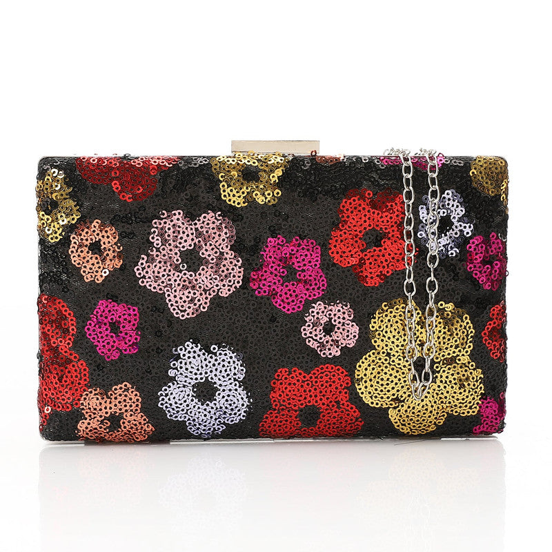 Floral Sequin Chain Box Clutch – Black