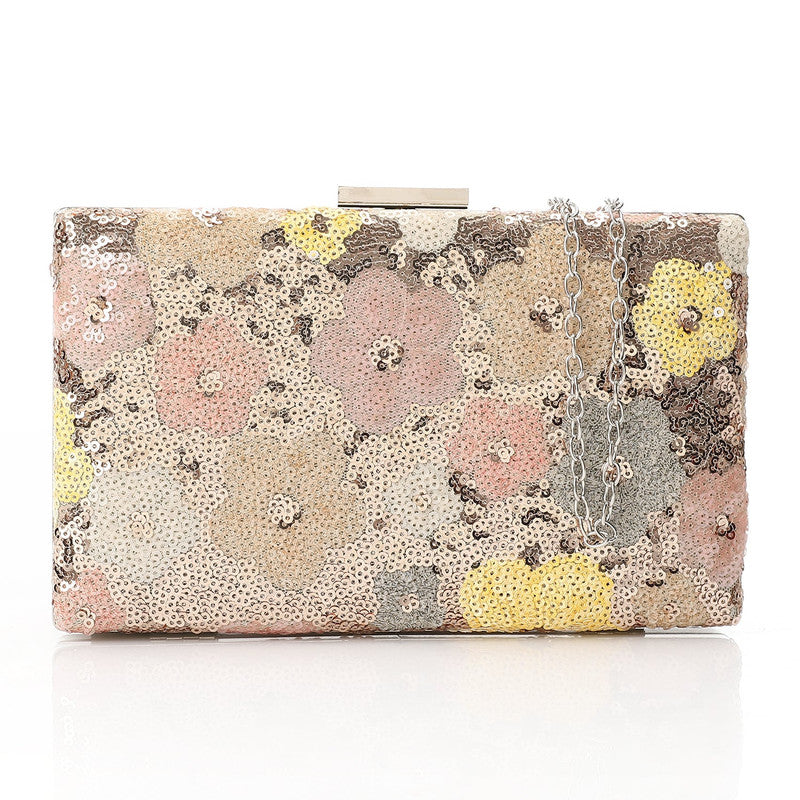 Floral Sequin Chain Box Clutch – Pink