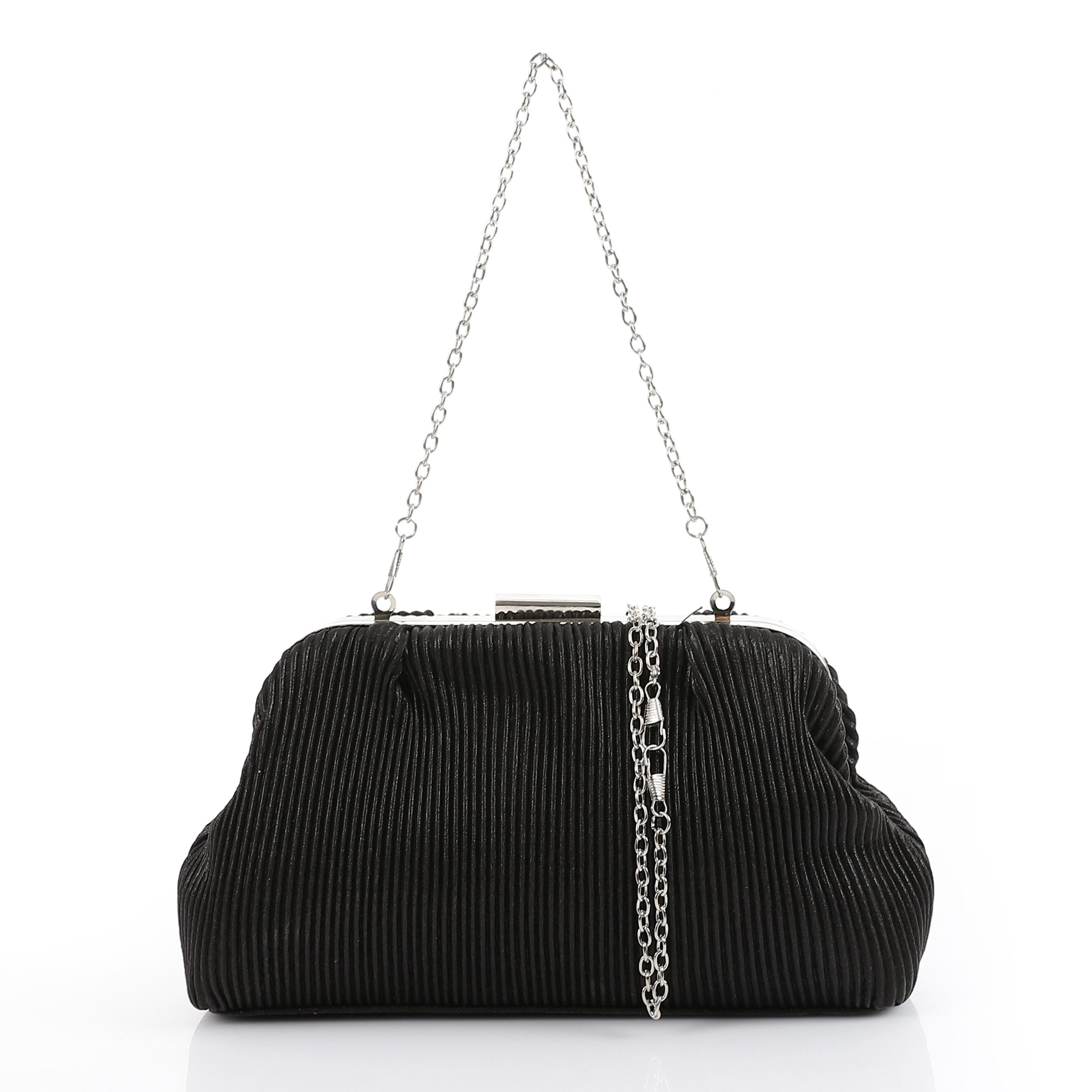 Satin Pleated Pattern Evening Bag – Black
