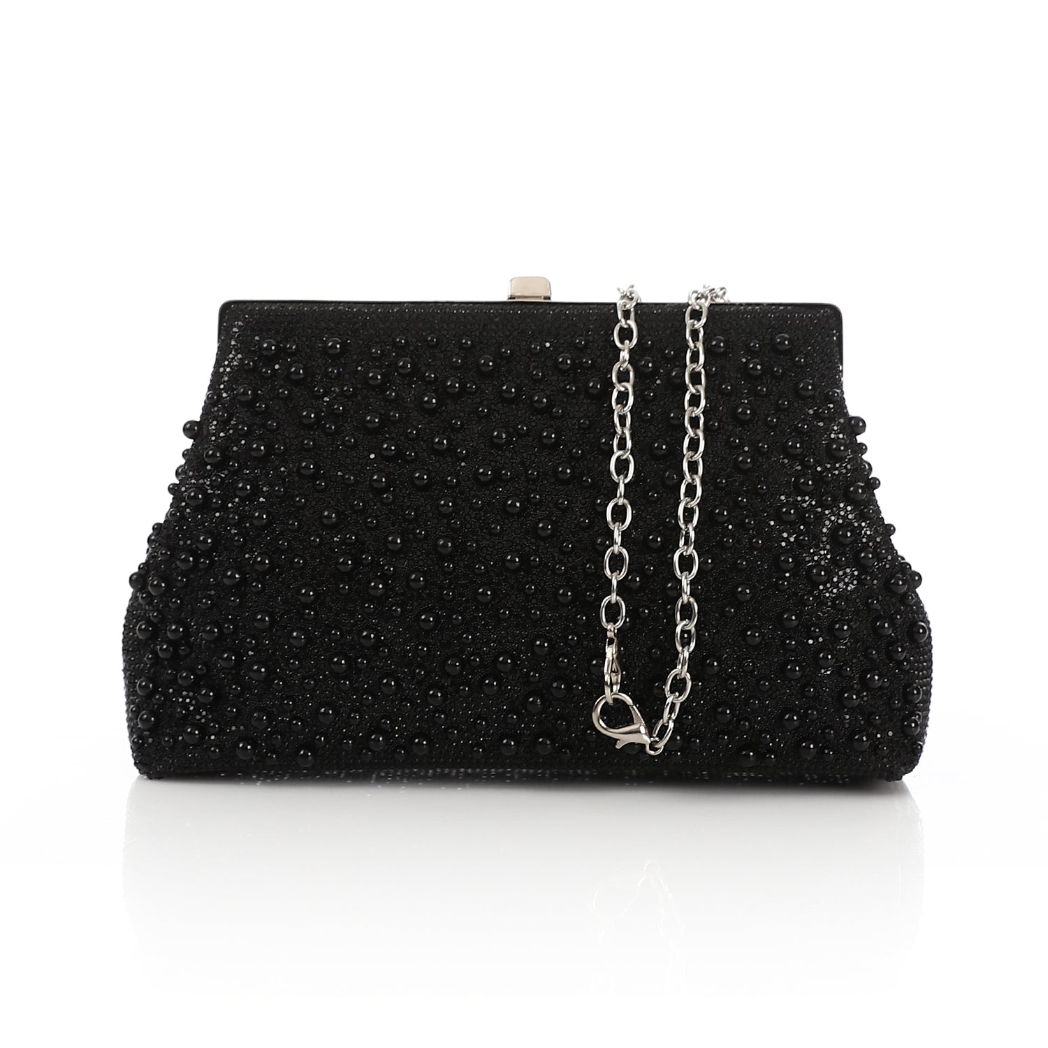 Pearl & Crystal Embellished Evening Clutch Bag - Black