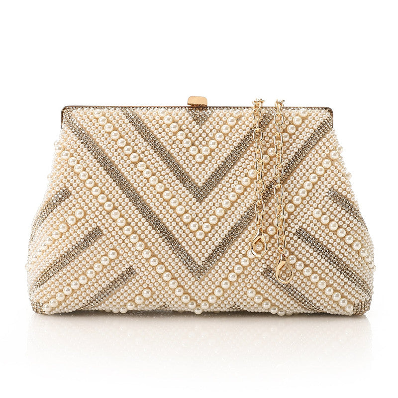 V-Shaped Pearl Embellished Box Clutch – Gold
