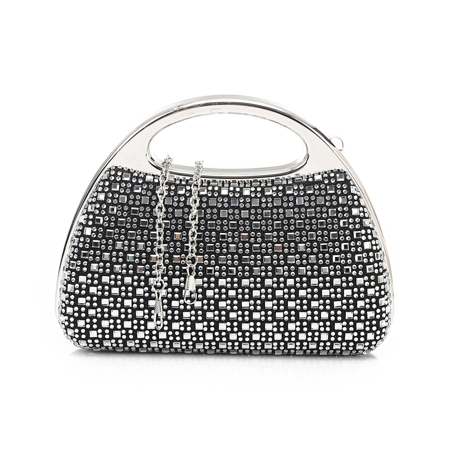 Crystal Embellished Top Handle Clutch Bag - Black
