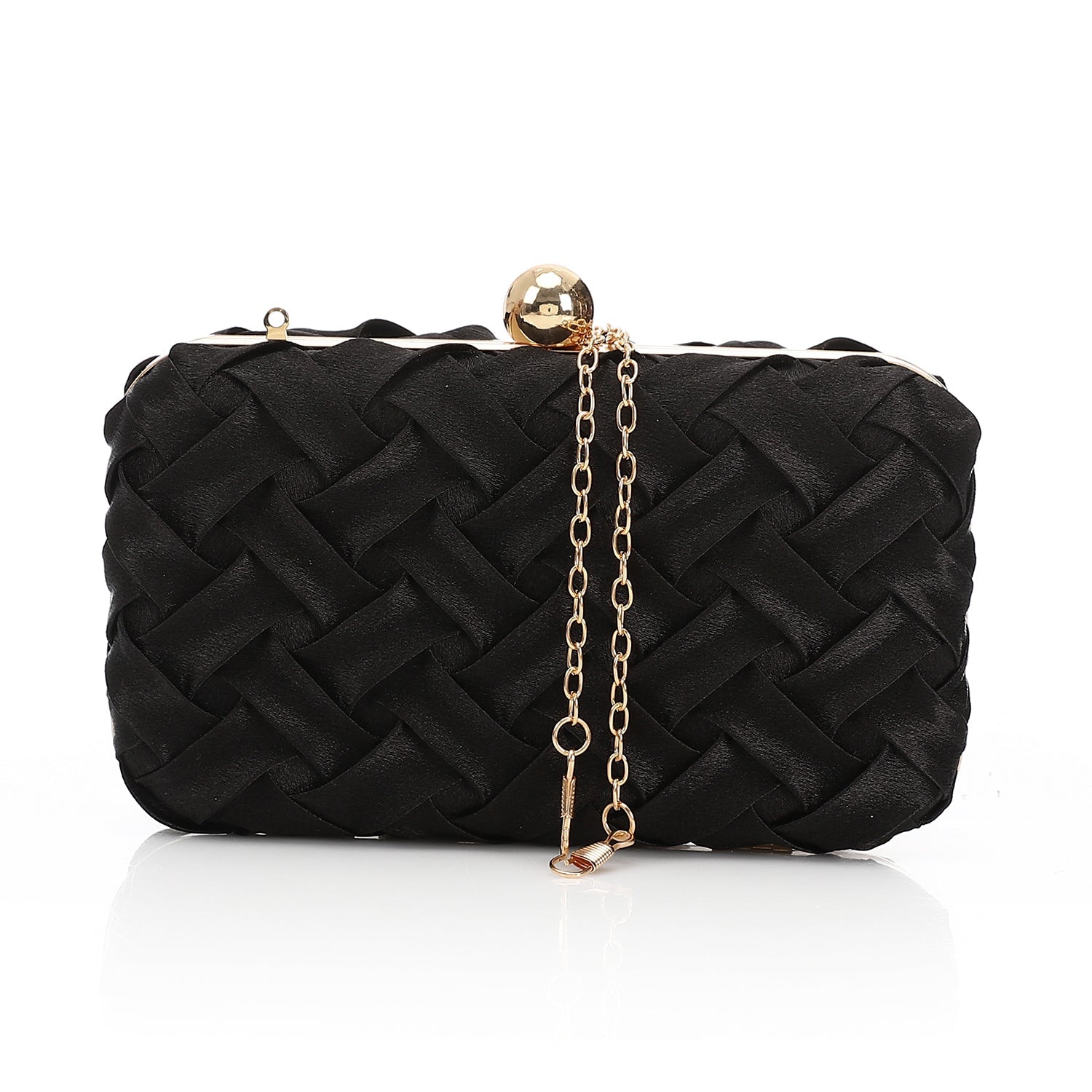 Woven Satin Evening Clutch Bag - Black