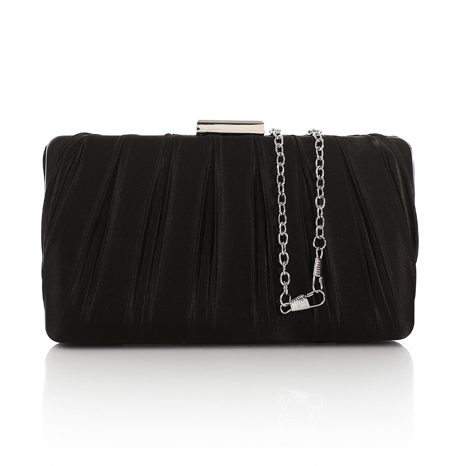 Pleated Satin Evening Clutch Bag - Black