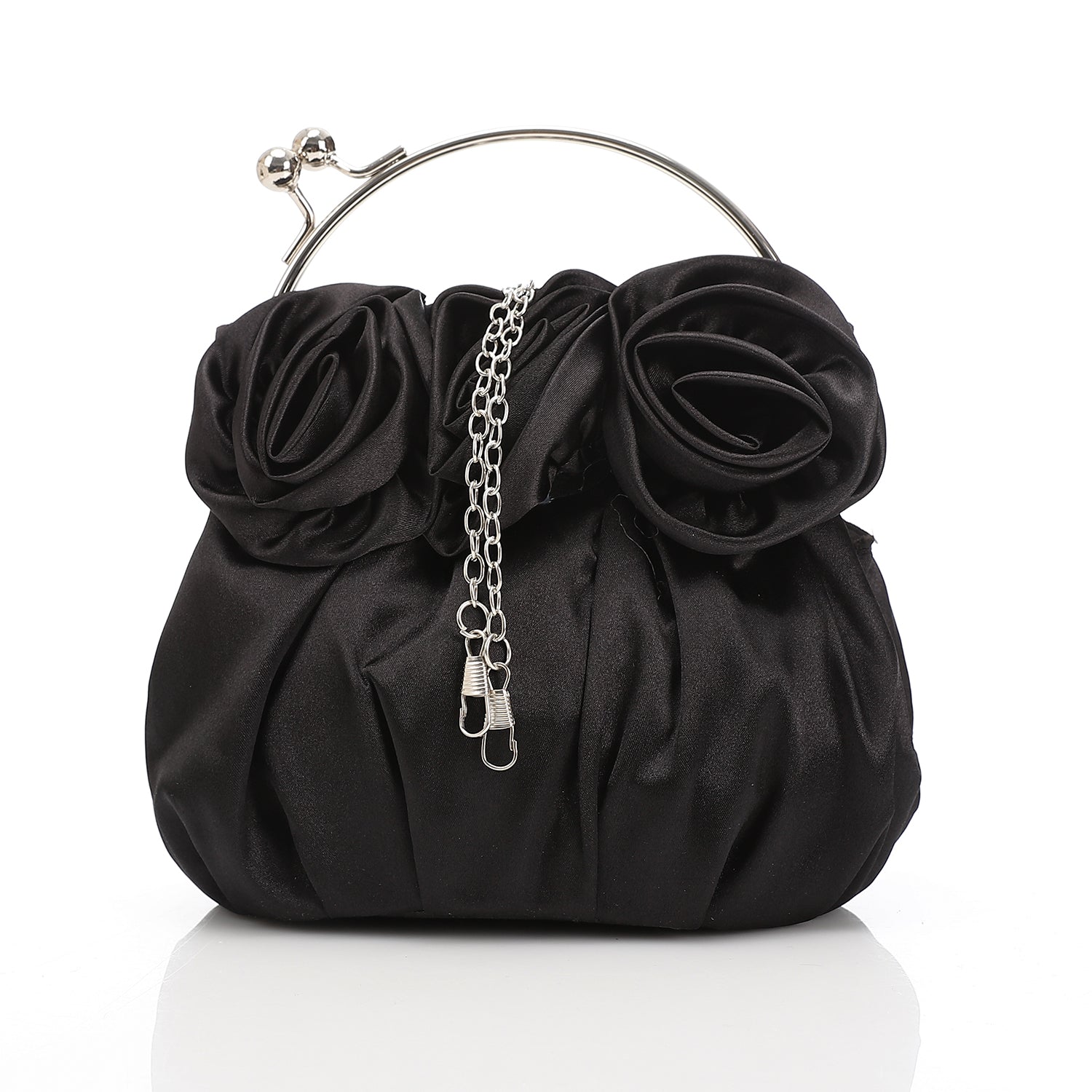 Floral Rosette Satin Evening Bag - Black