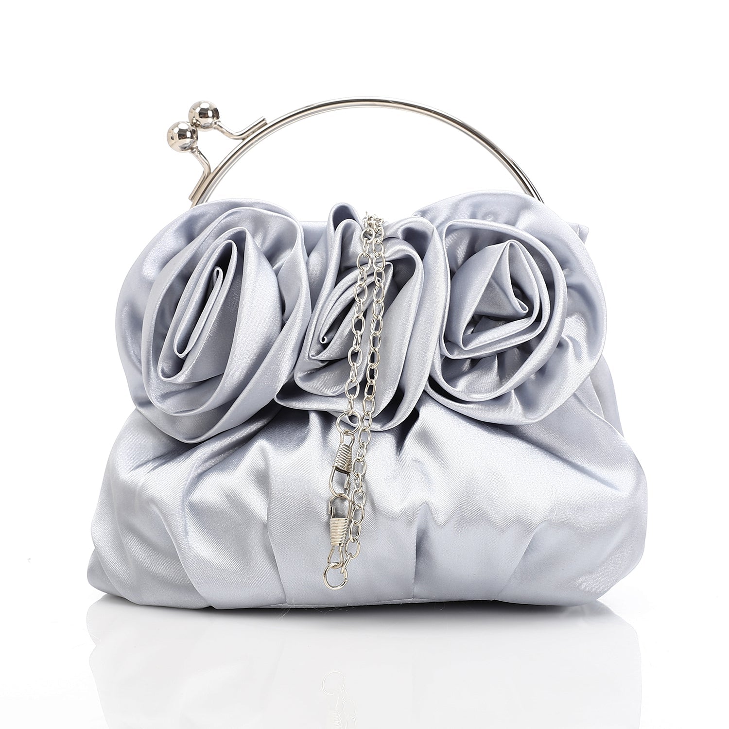 Floral Rosette Satin Evening Bag - Silver