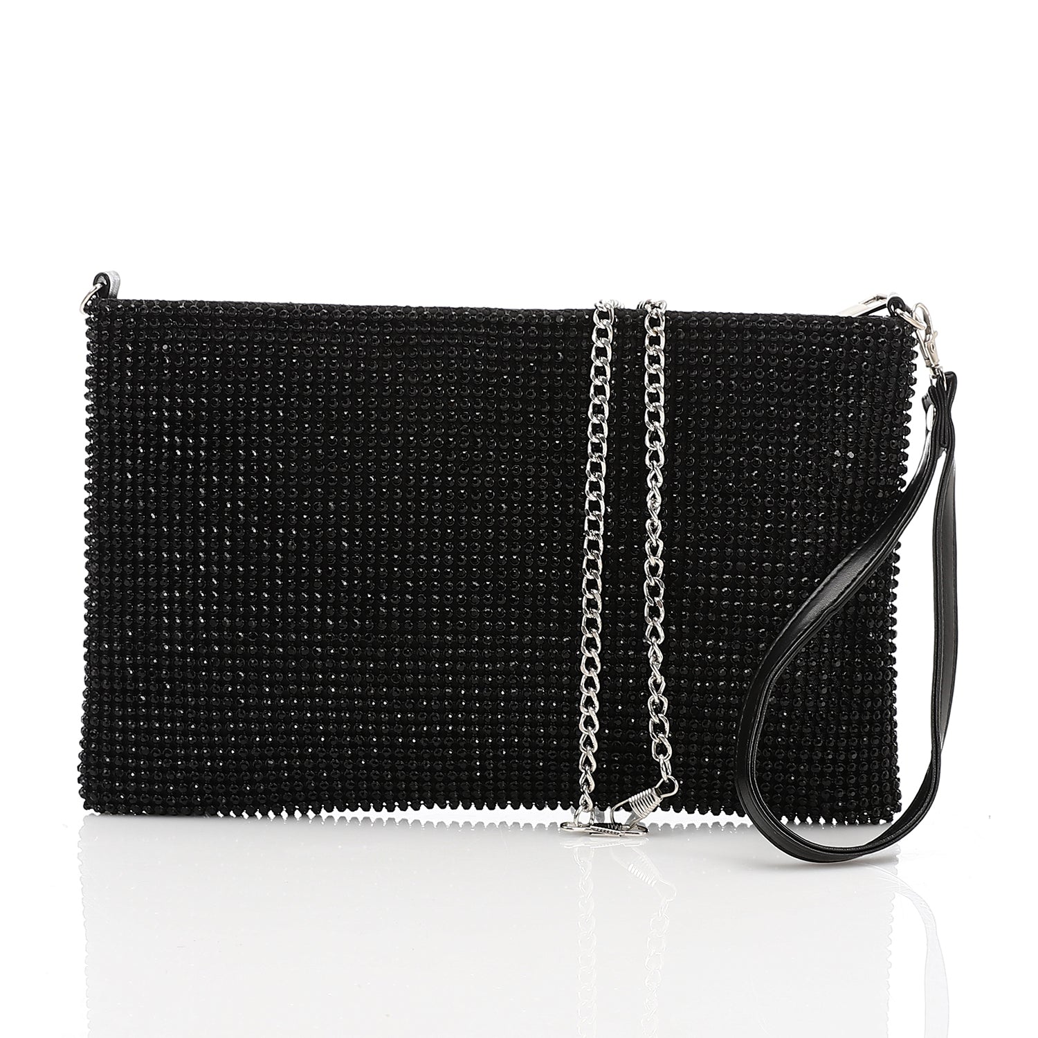 Crystal Studded Envelope Clutch Bag - Black