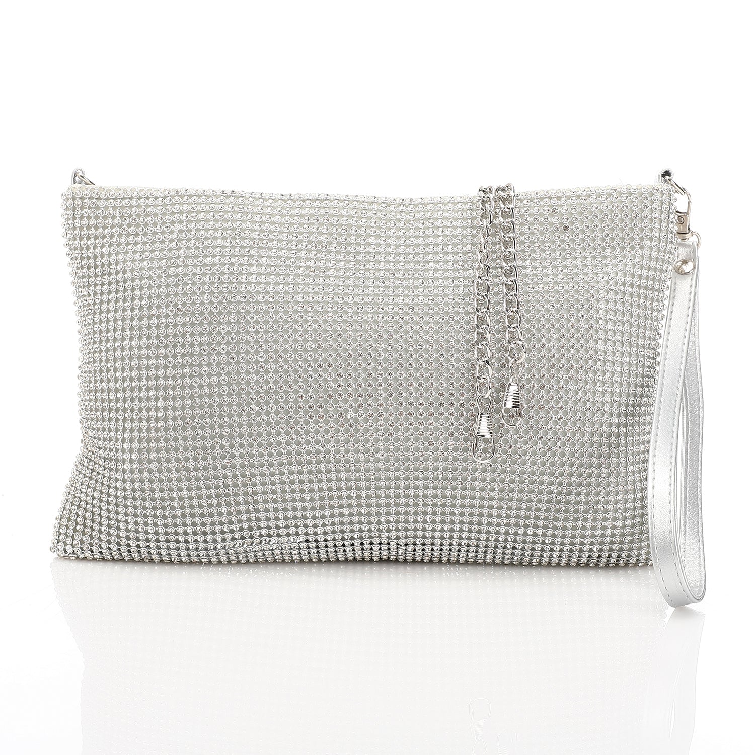 Crystal Studded Envelope Clutch Bag - Silver