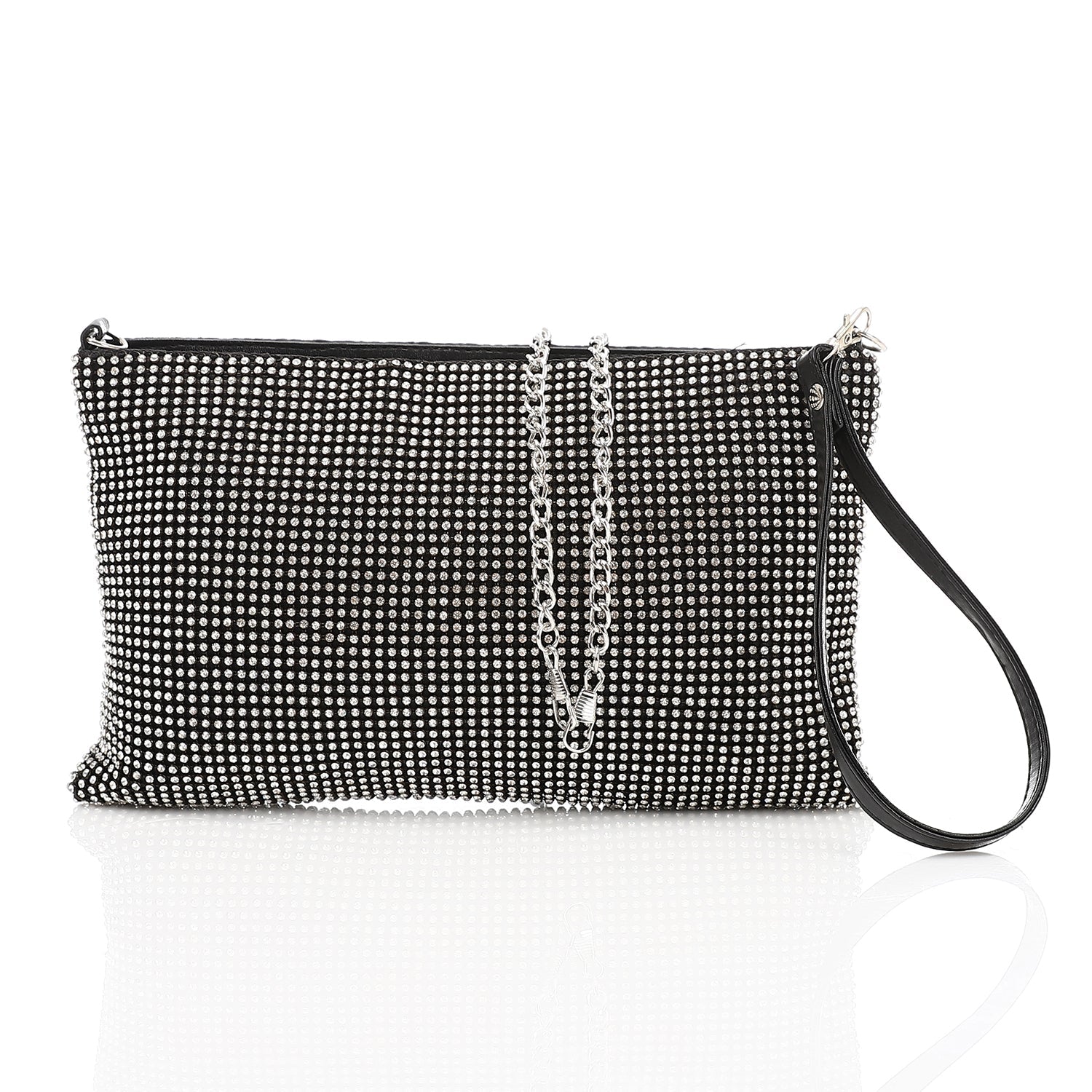 Silver Crystal Studded Envelope Clutch Bag - Black