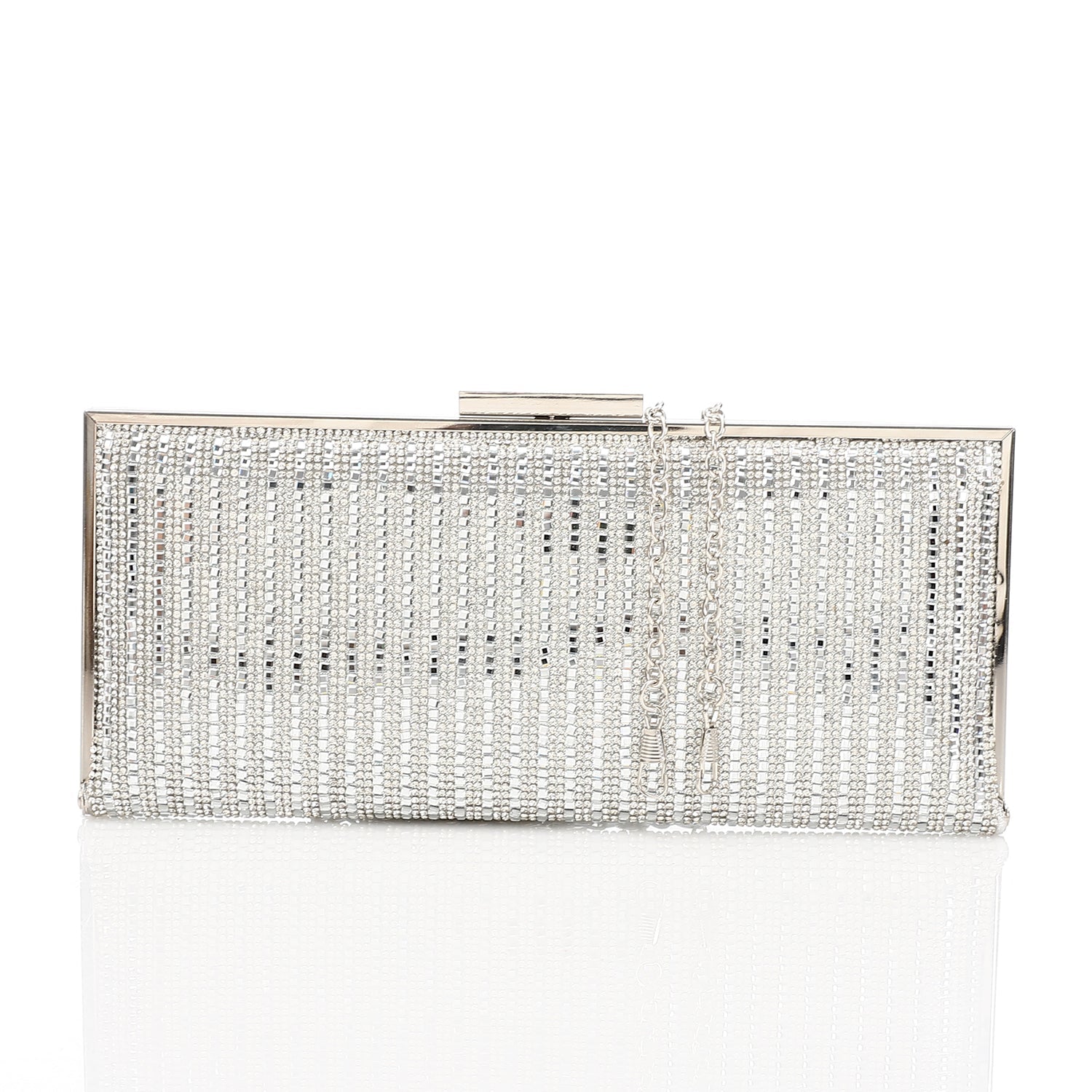 Linear Rhinestone Evening Box Clutch Bag - Silver