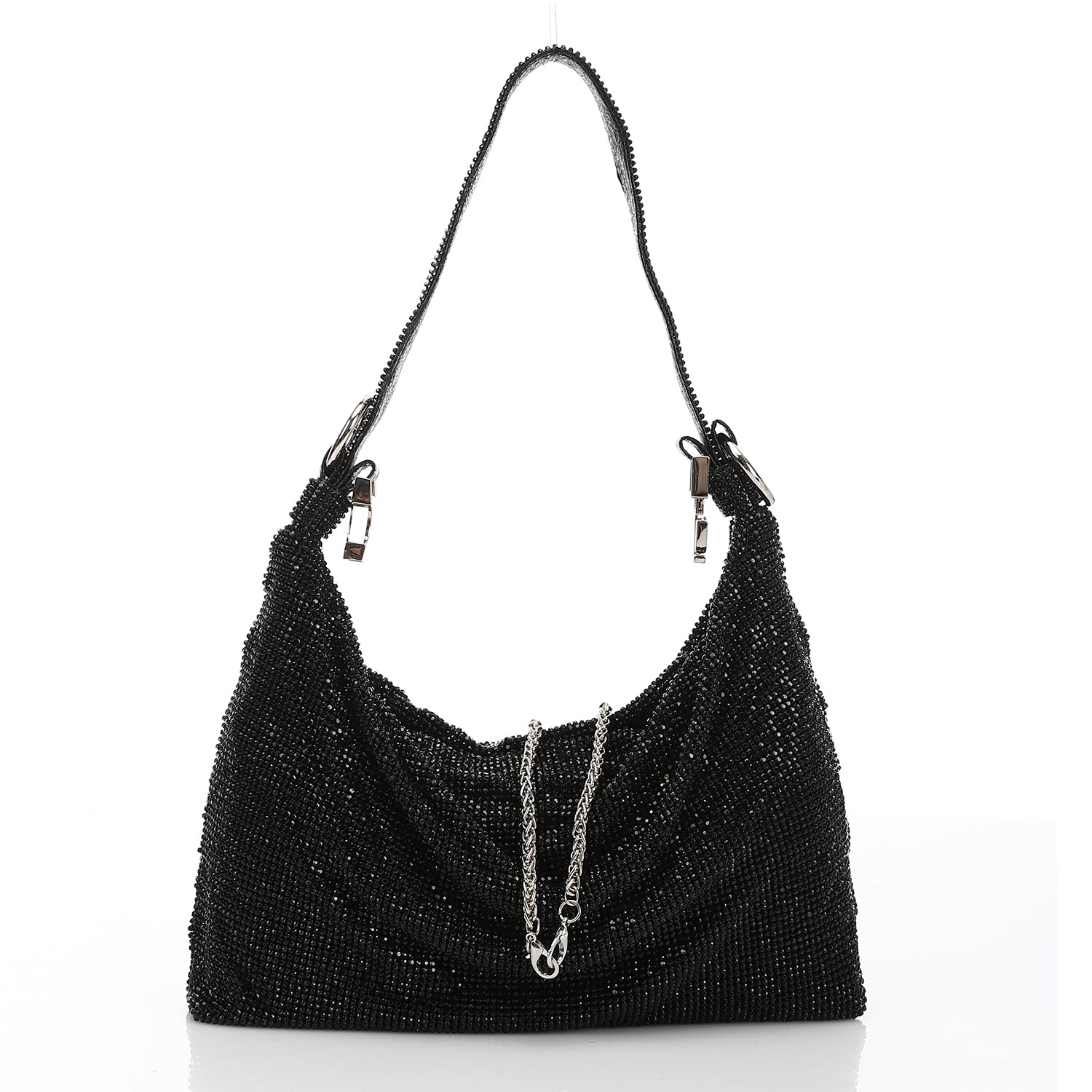 Crystal Studded Slouchy Hobo Evening Bag - Black