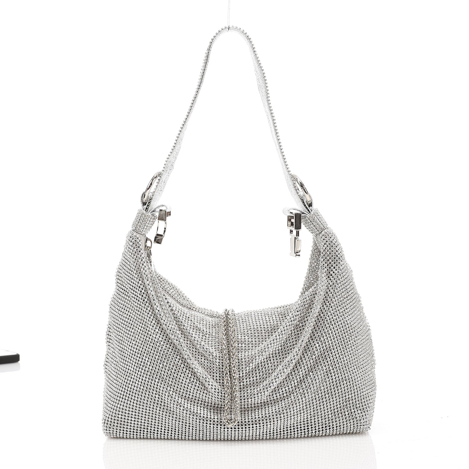 Crystal Studded Slouchy Hobo Evening Bag - Silver