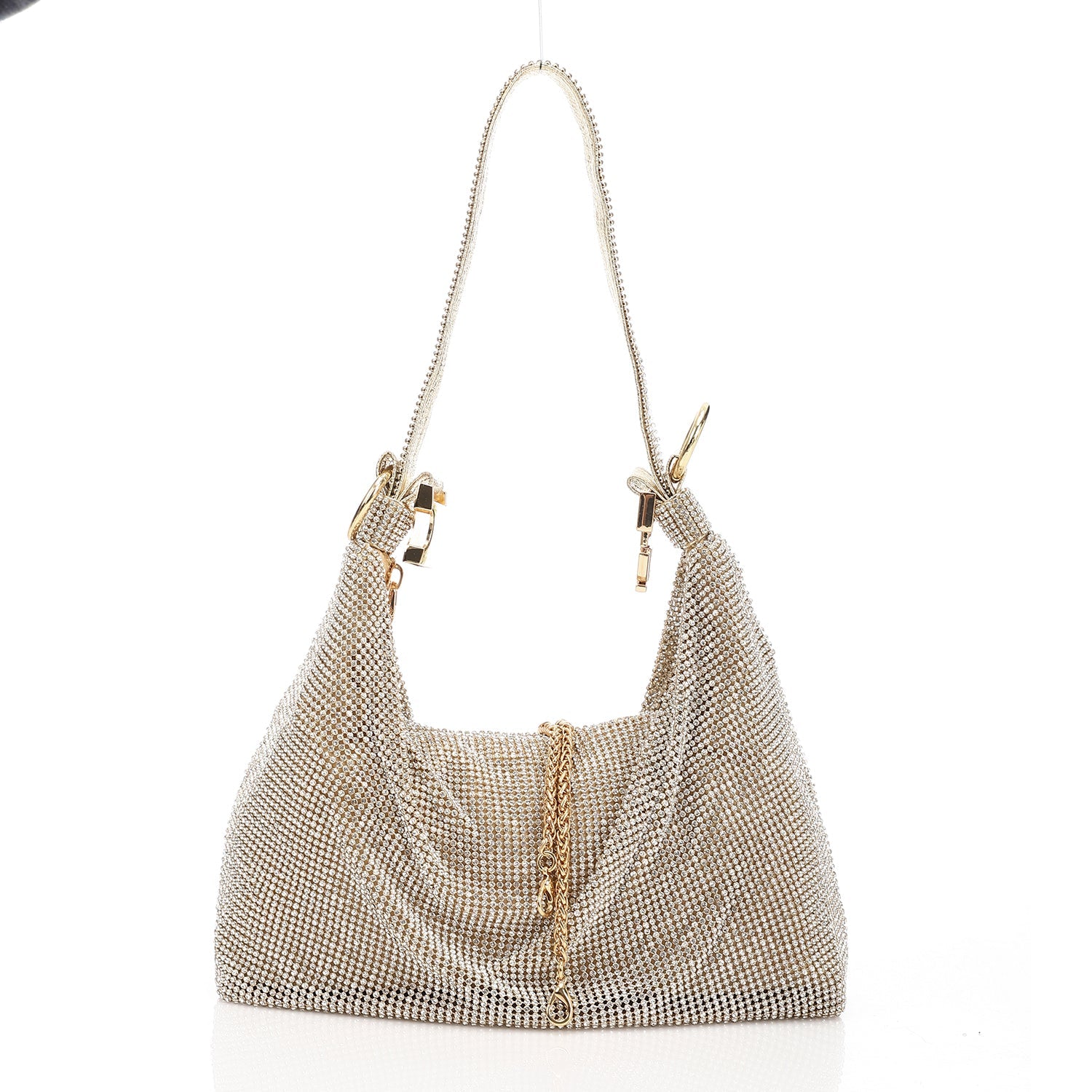 Crystal Studded Slouchy Hobo Evening Bag - Gold