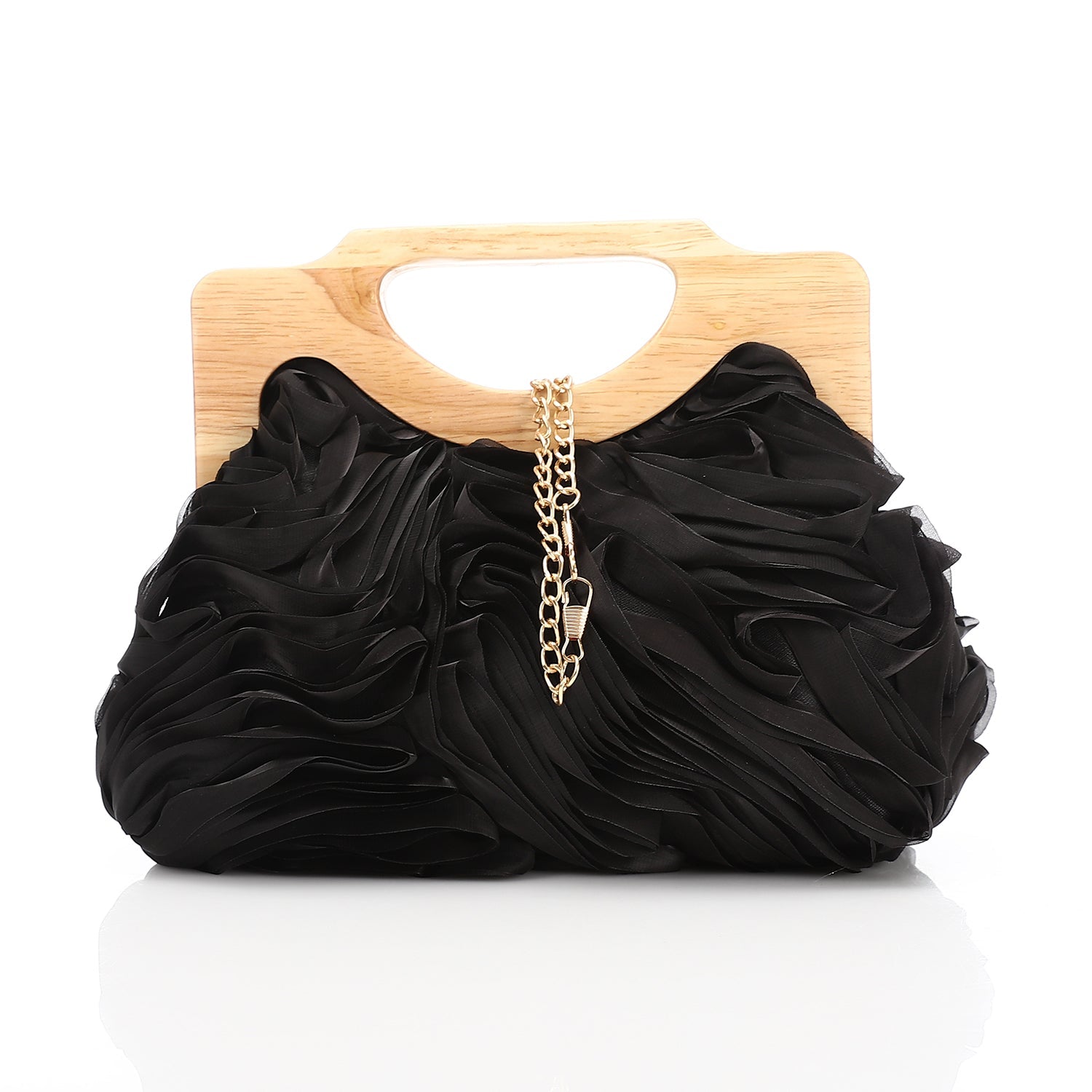 Ruffled Chiffon Wooden Handle Evening Bag - Black