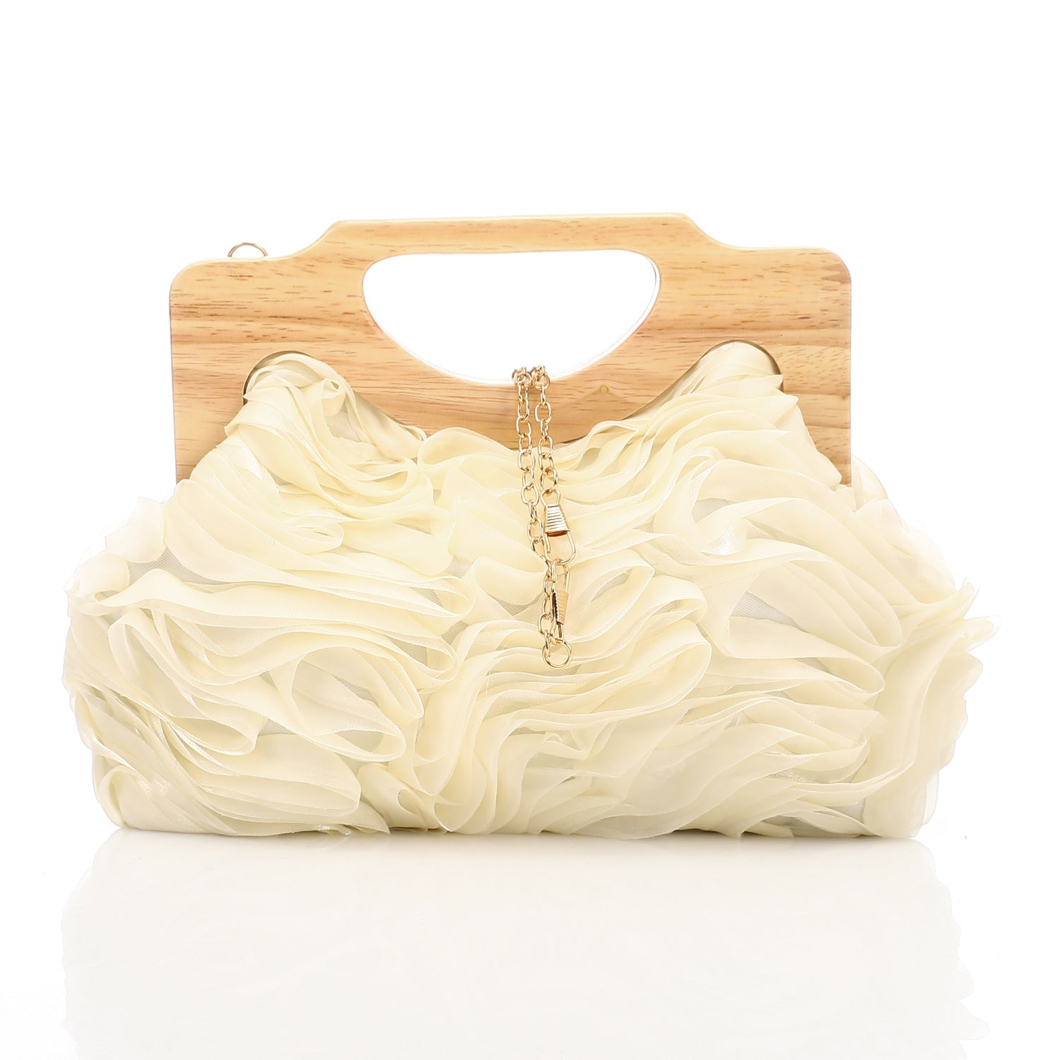 Ruffled Chiffon Wooden Handle Evening Bag - Beige