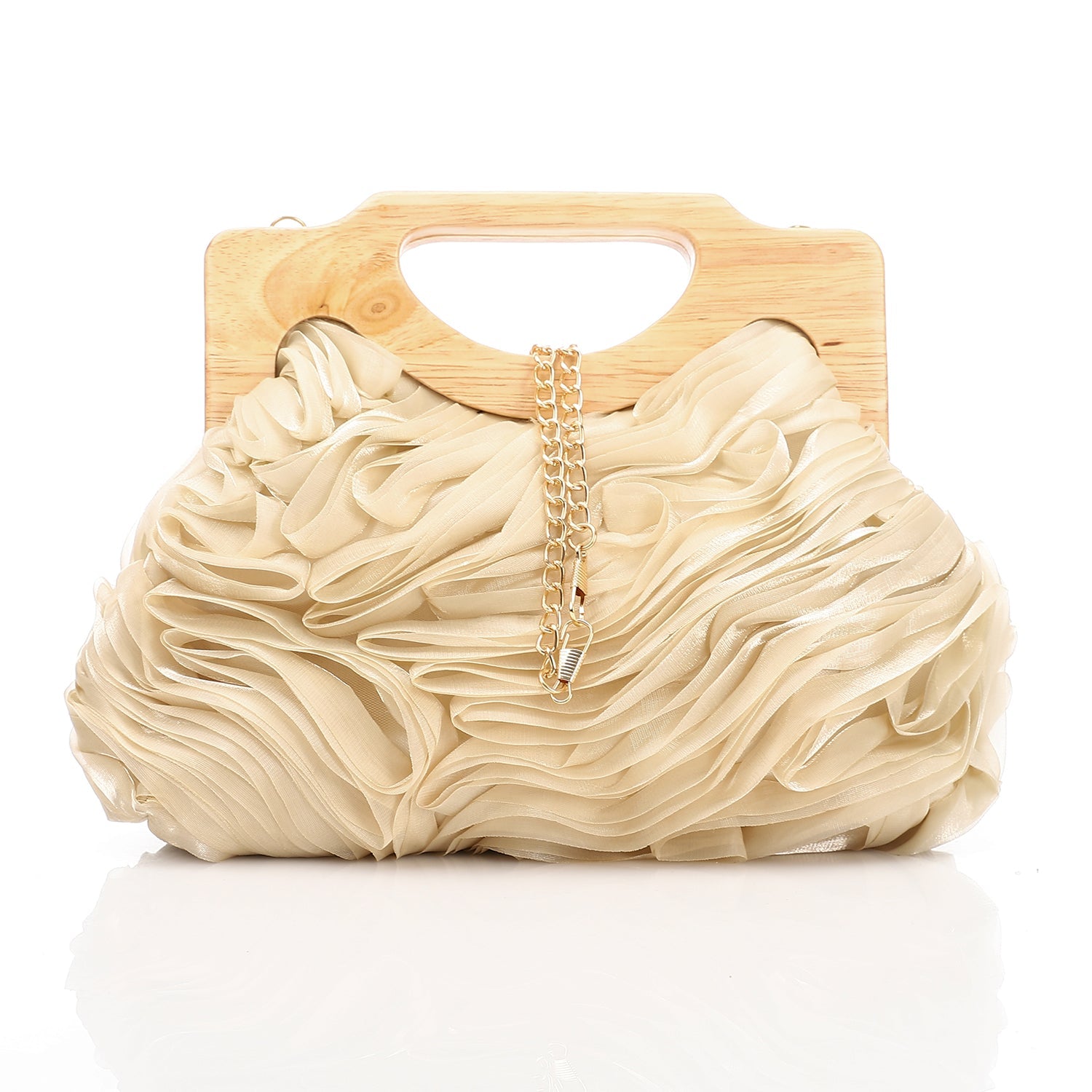 Ruffled Chiffon Wooden Handle Evening Bag - Café