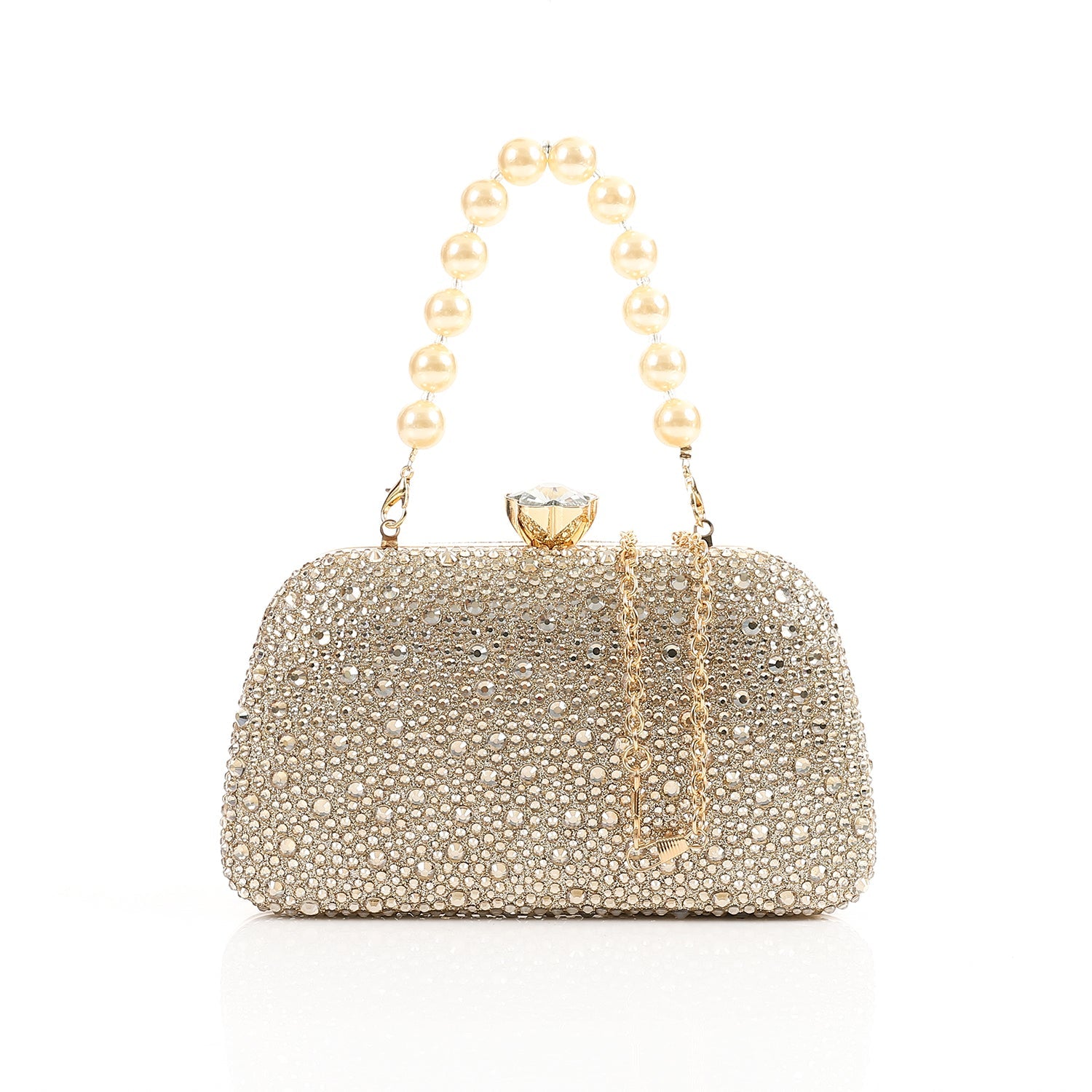 Crystal Beaded Handle Evening Clutch Bag - Gold