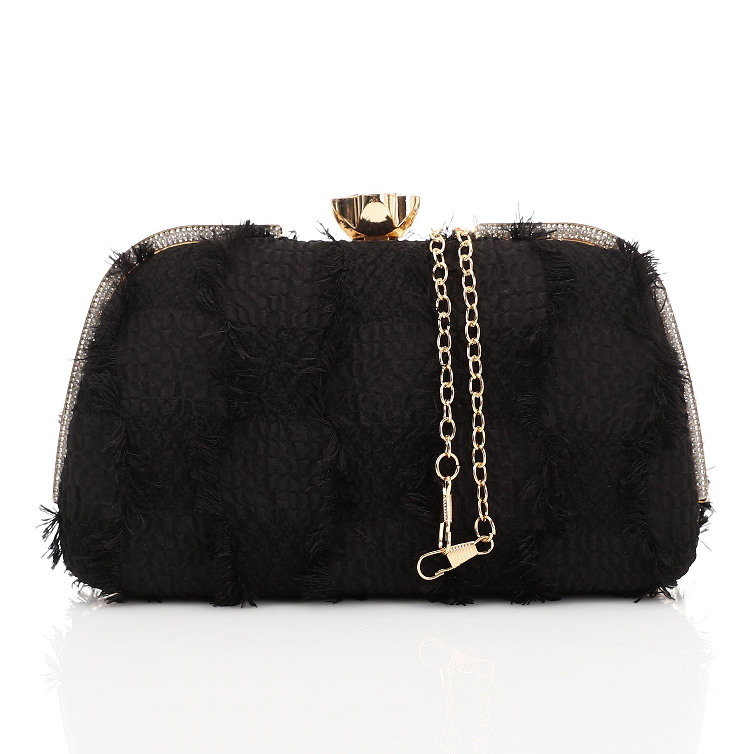 Crystal Edge Fringed Evening Clutch Bag - Black