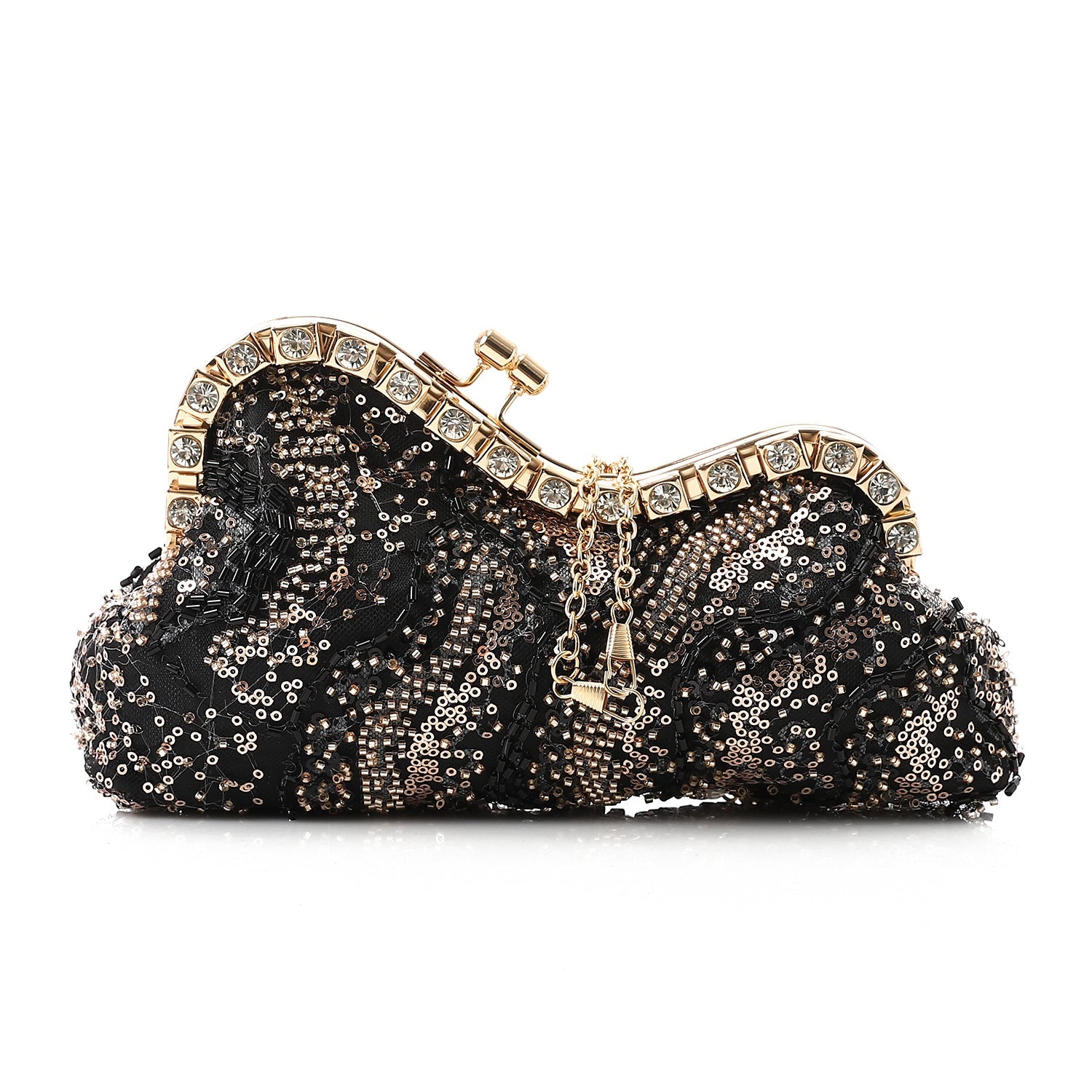 Embellished Rhinestone Frame Clutch – Black