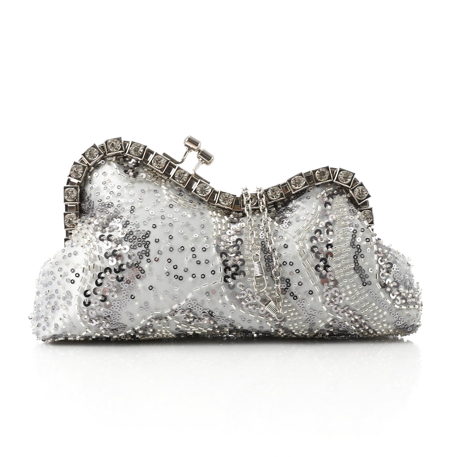 Embellished Rhinestone Frame Clutch – Silver