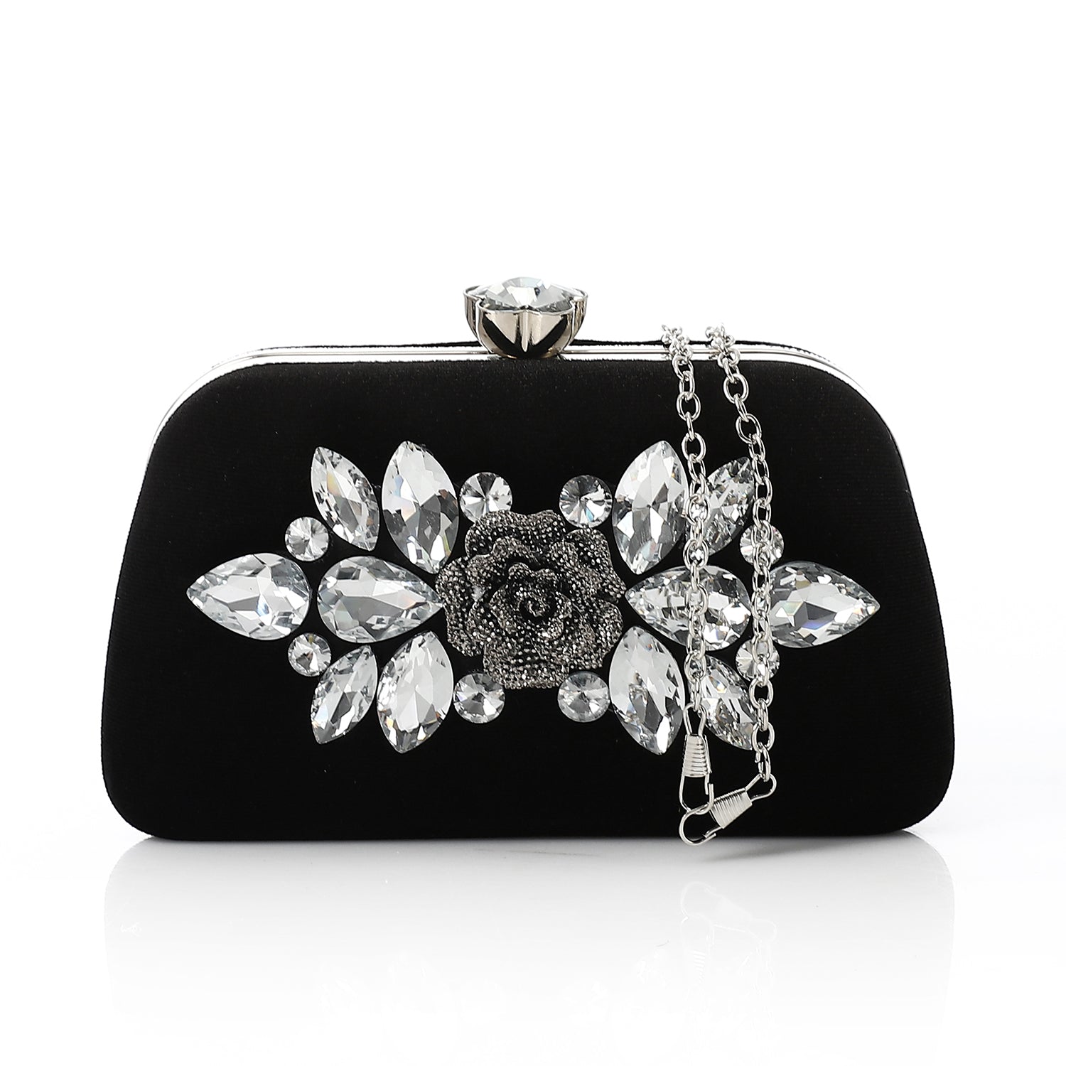 Crystal Rose Velvet Clutch Bag - Black