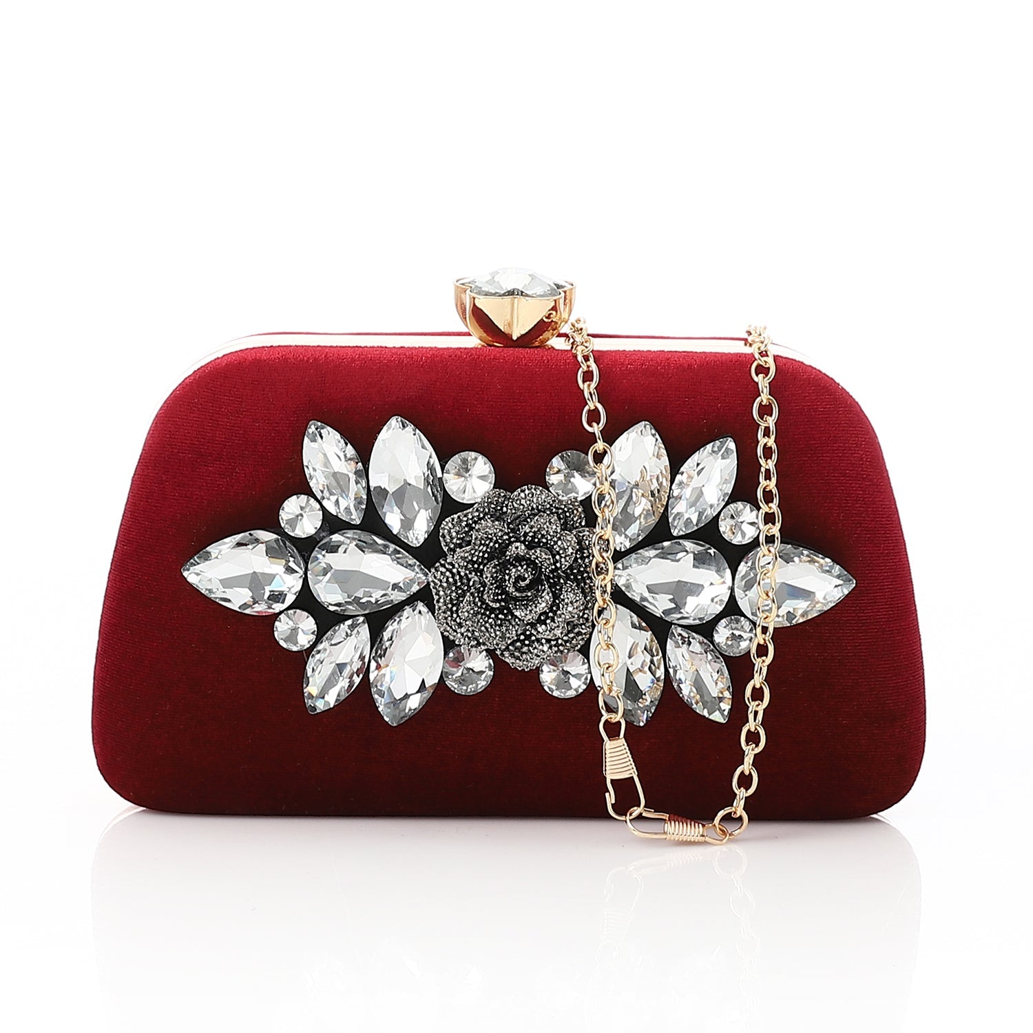 Crystal Rose Velvet Clutch Bag - Red