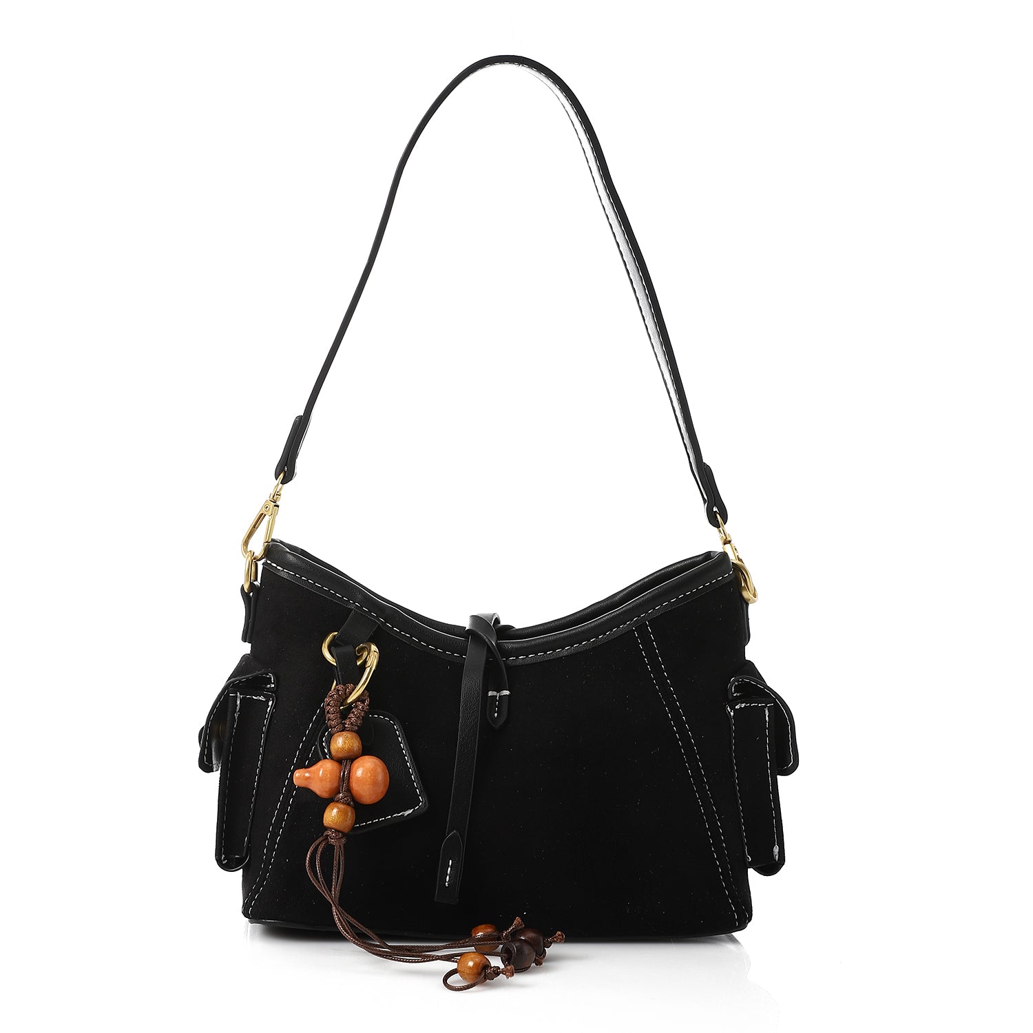 Vintage Suede Shoulder Handbag - Black