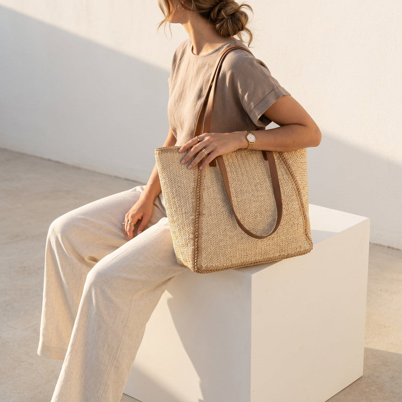 Woven Double Handle Tote Bag – Beige (4218)