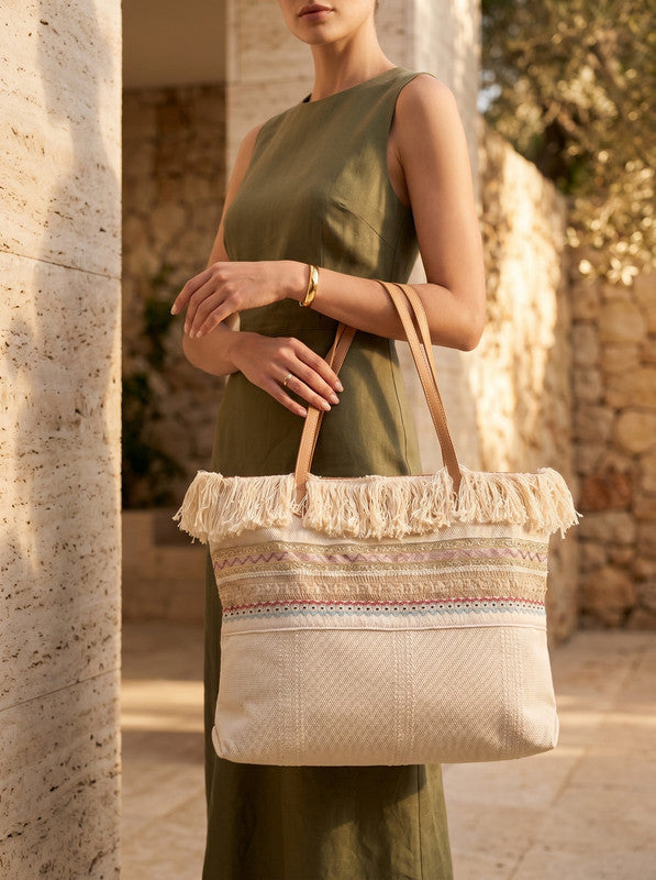 Boho Fringe Tote Bag – Beige (4220)