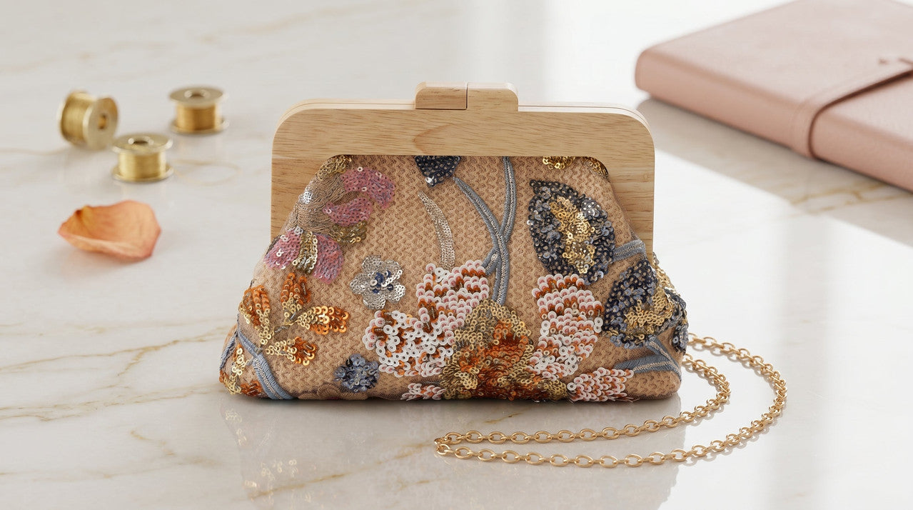 Floral Sequin Wooden Frame Clutch Bag – Beige (4221)