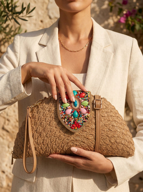 Beaded Flap Wristlet Clutch Bag – Café (4222)