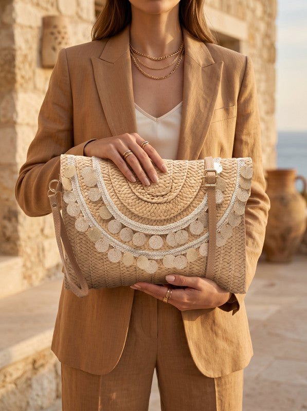 Coin Sequined Woven Clutch Bag – Cafe (4225)