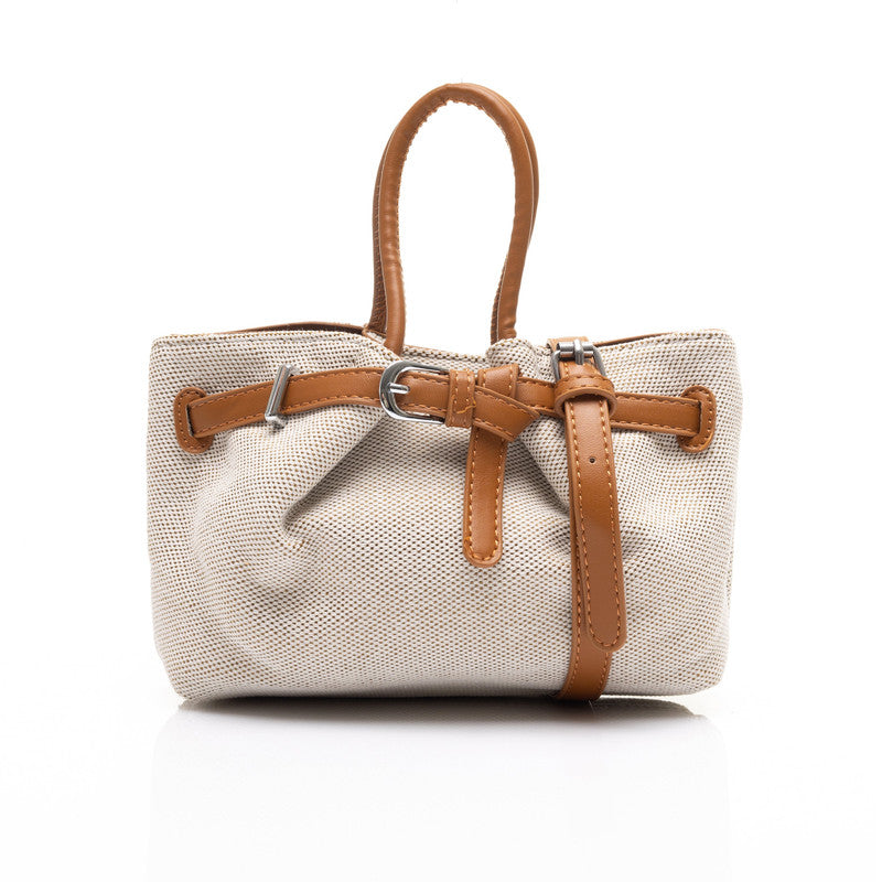 Belted Canvas Mini Tote Bag – Beige & Brown (4228)
