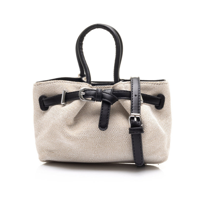 Belted Canvas Mini Tote Bag – Beige & Black (4228)