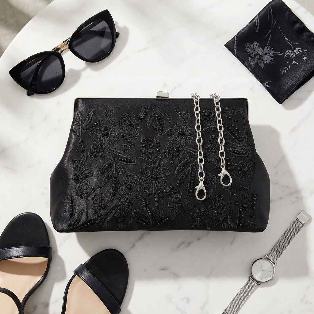 Embroidered Frame Evening Clutch Bag – Black