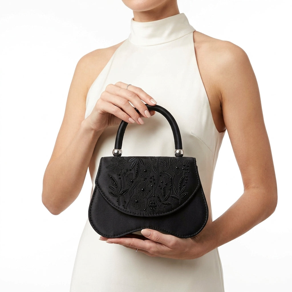 Embroidered Flap Top-Handle Evening Bag – Black