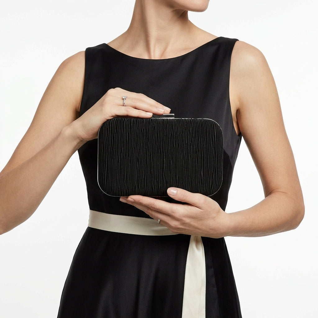 Pleated Satin Hard-Shell Clutch Bag – Black