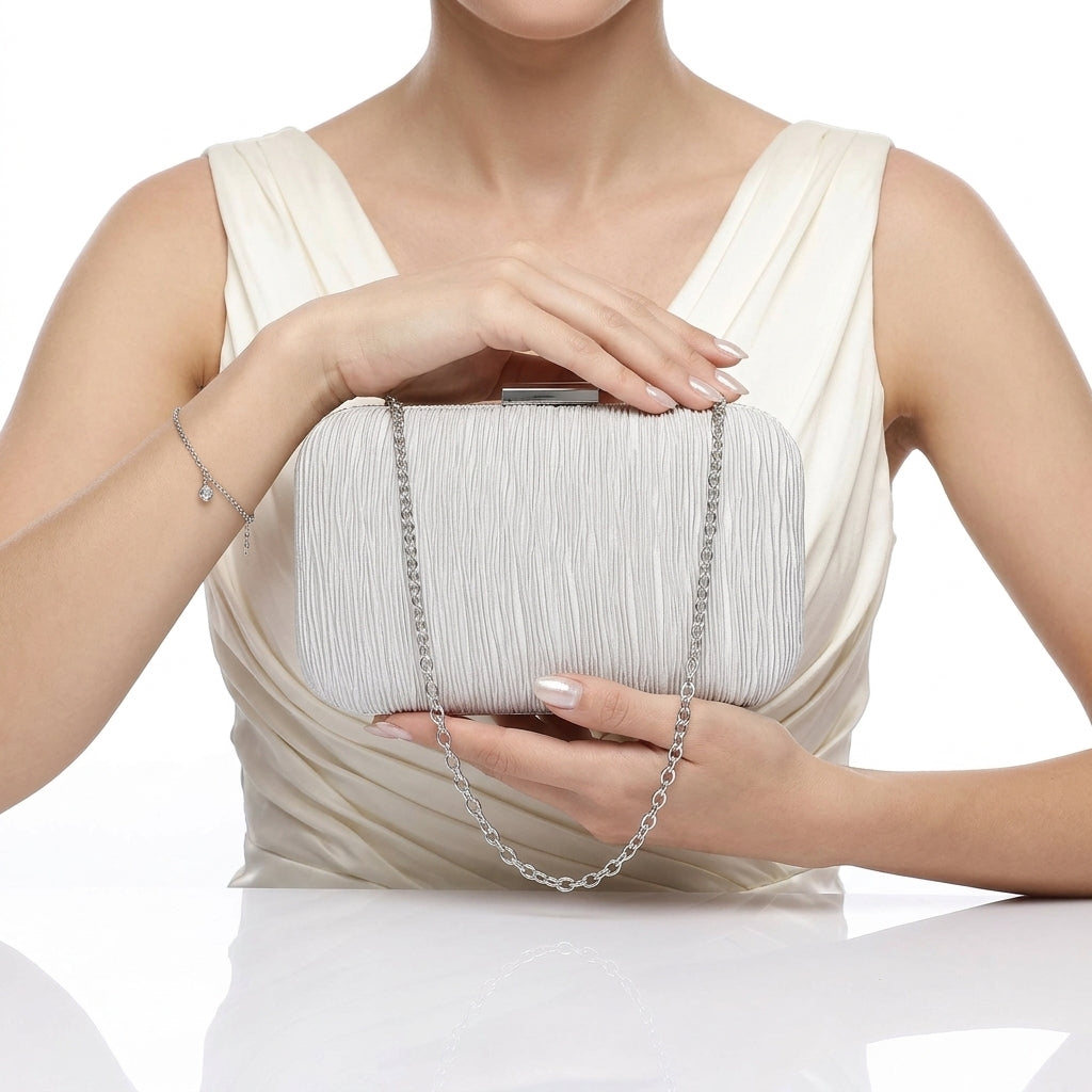 Pleated Satin Hard-Shell Clutch Bag – Silver