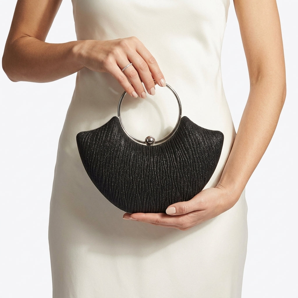 Shimmer Fan-Shaped Ring Handle Clutch Bag – Black