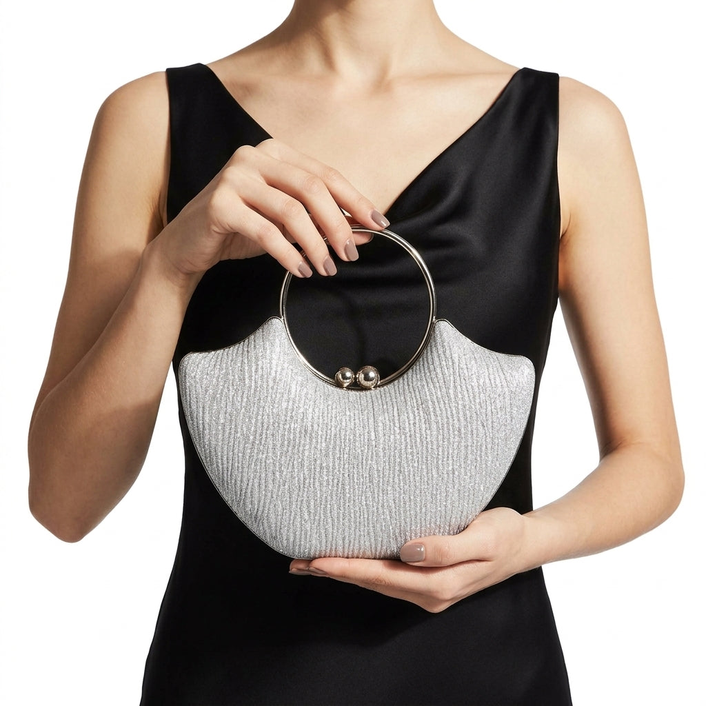 Shimmer Fan-Shaped Ring Handle Clutch Bag – Silver