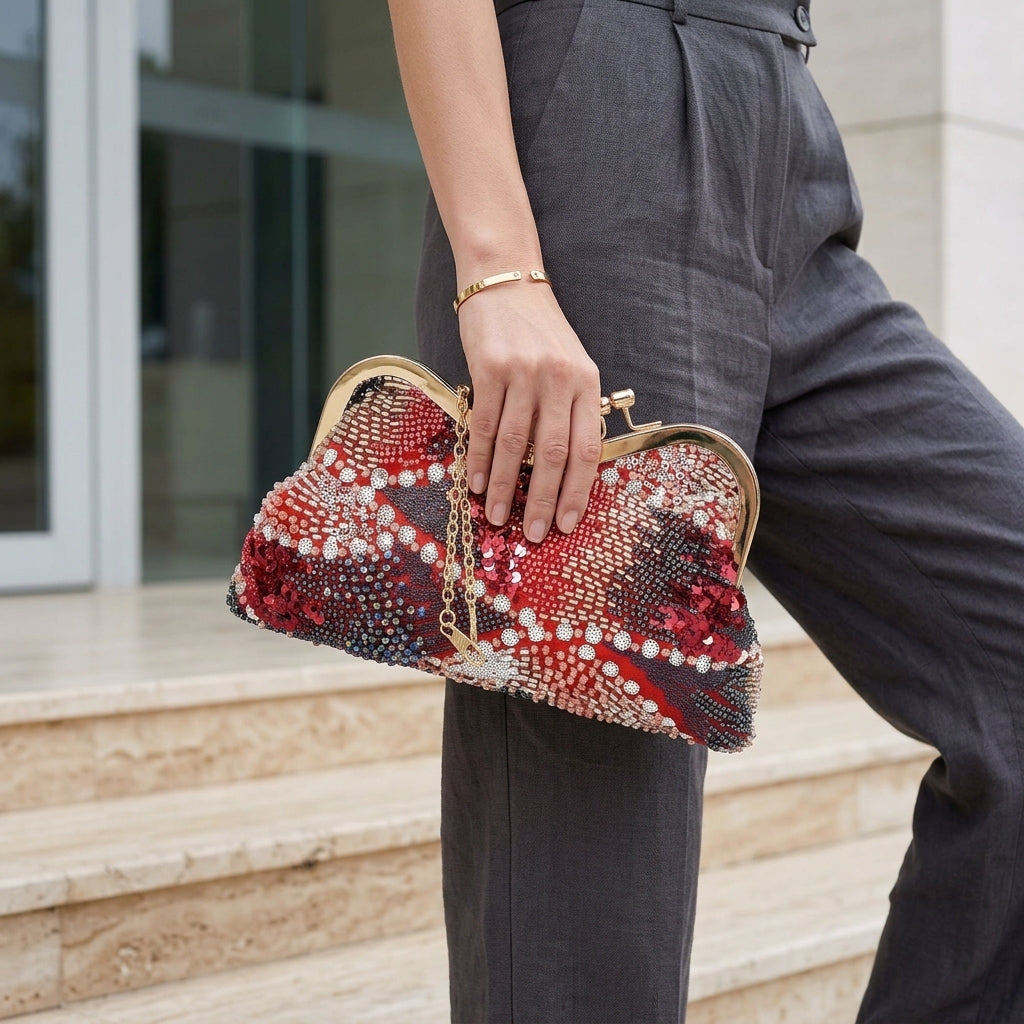 Floral Beaded Sequin Frame Evening Clutch – Red