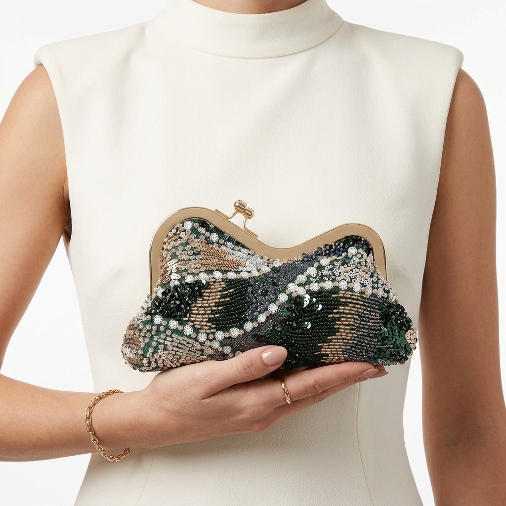 Floral Beaded Sequin Frame Evening Clutch – Green