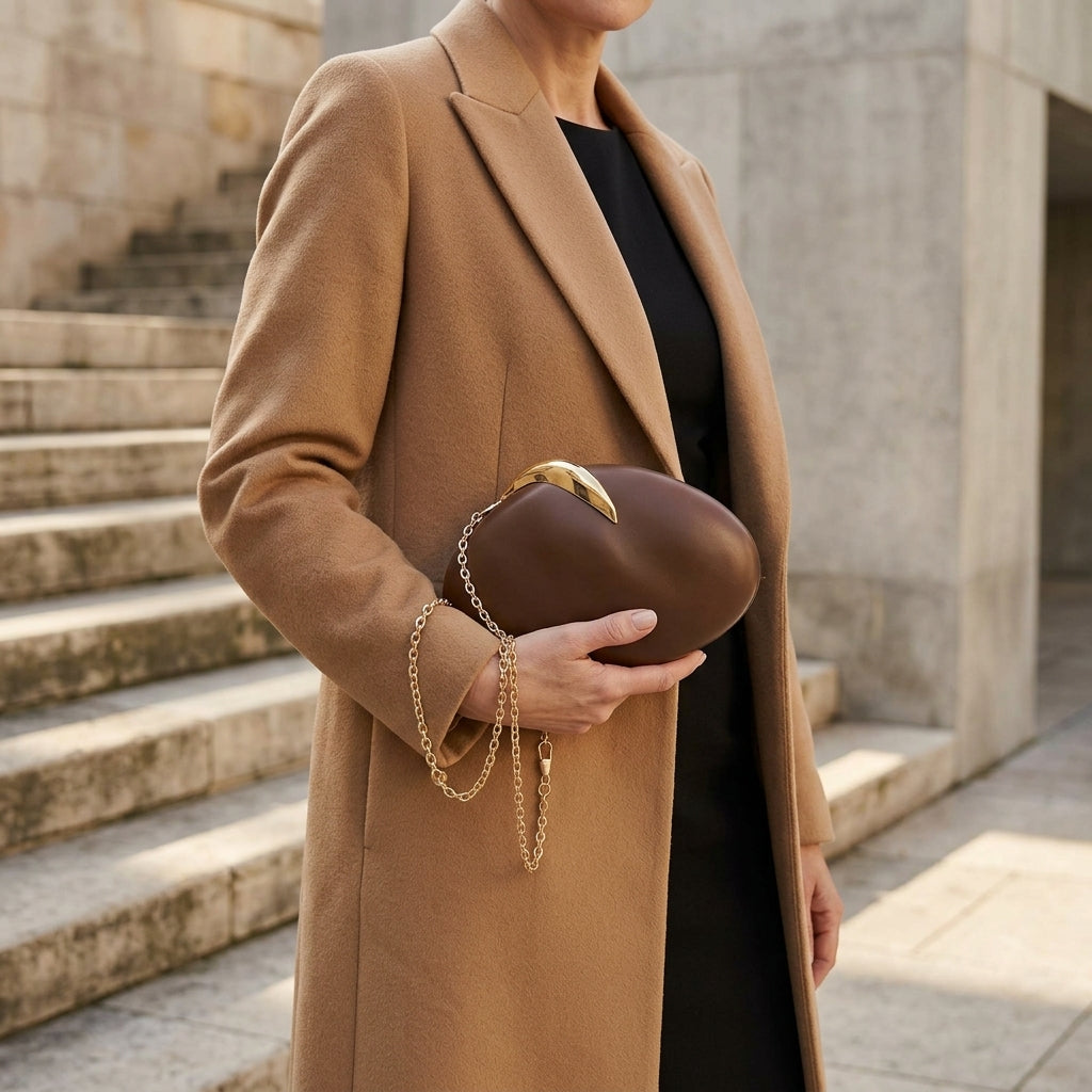 Sculptural Pebble Gold-Tone Clasp Evening Clutch – Brown