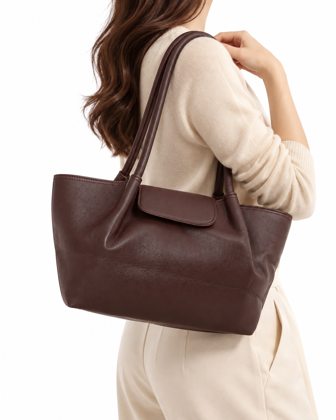 Soft Flap-Detail Shoulder Tote Bag – Burgundy